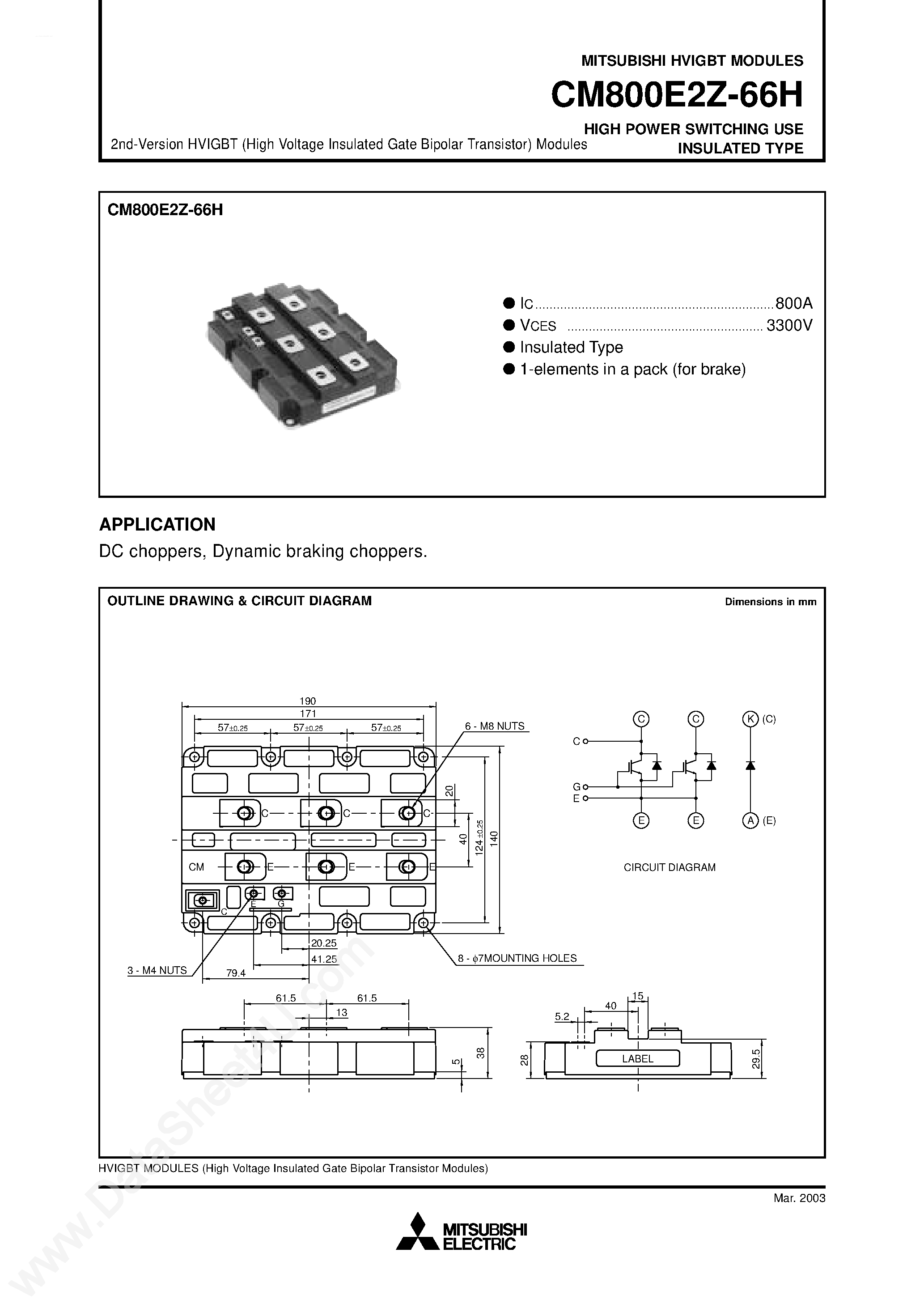 Даташит на микросхему CM800E2Z-66H страница 1 Даташит CM800E2Z-66H - HIGH POWER SWITCHING USE страница 1