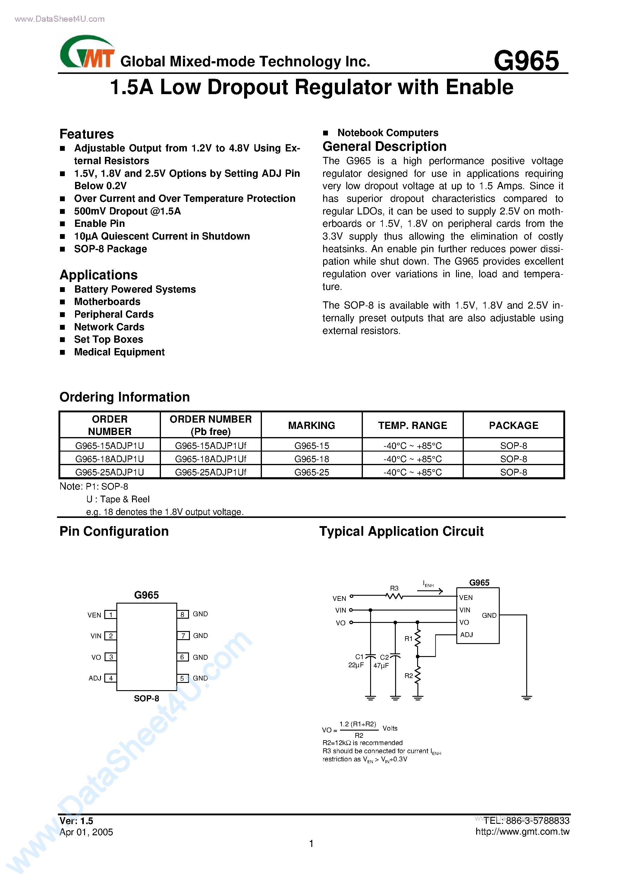 Даташит на микросхему G965 страница 1 Даташит G965 - 1.5A Low Dropout Regulator with Enable страница 1