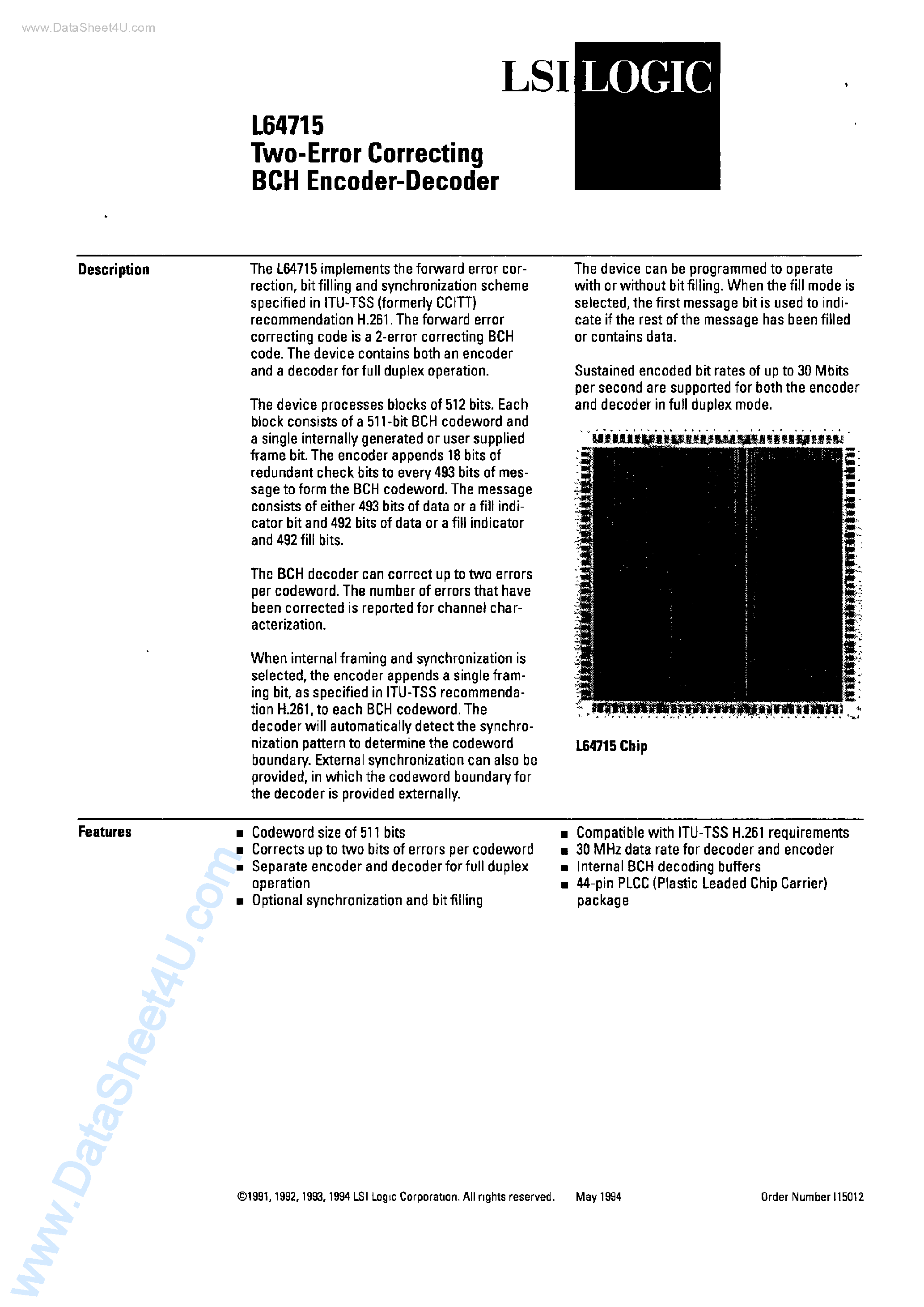 Datasheet L64715 - 2-Error Correcting BCH Encoder-Decoder page 1