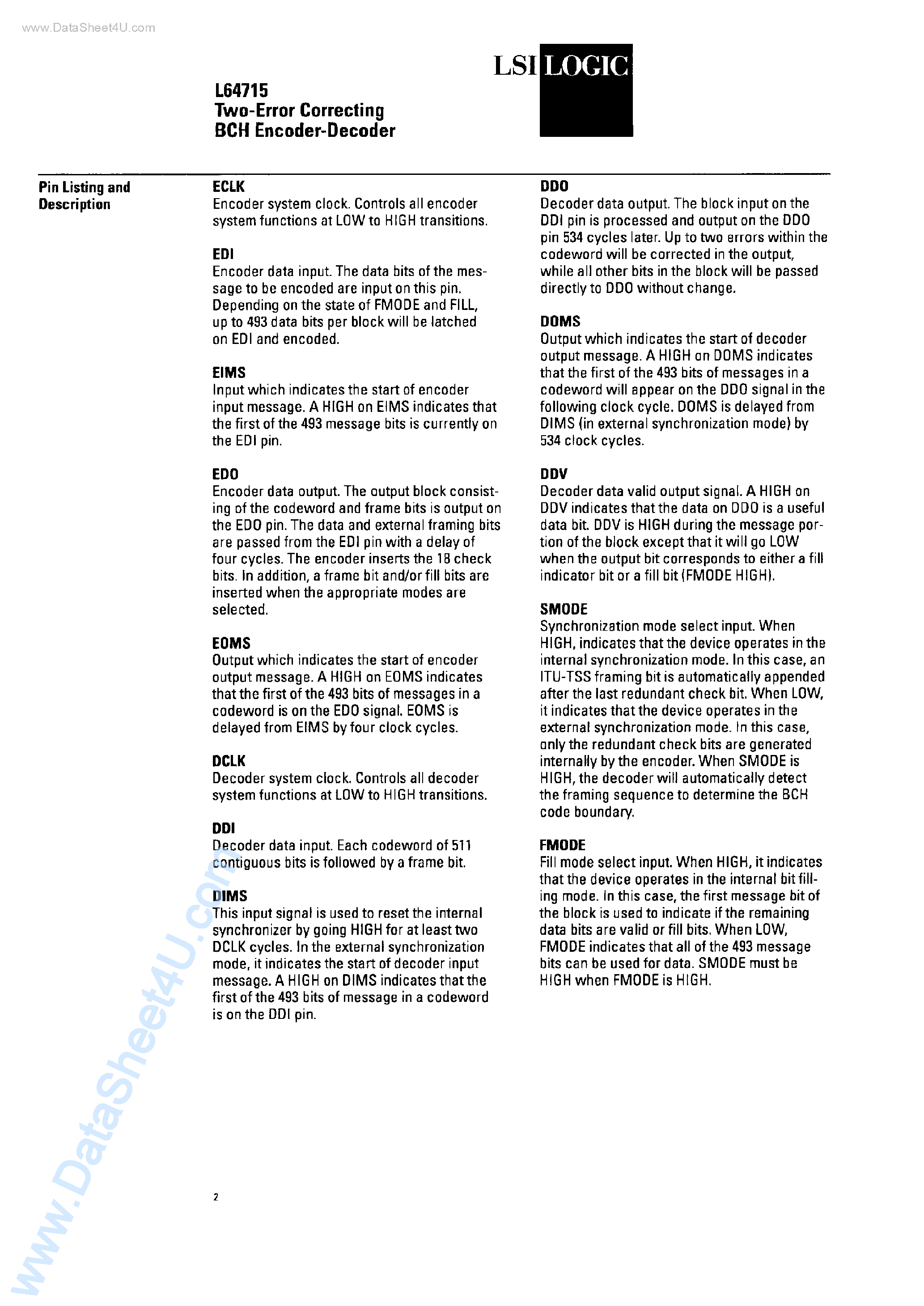 Datasheet L64715 - 2-Error Correcting BCH Encoder-Decoder page 2