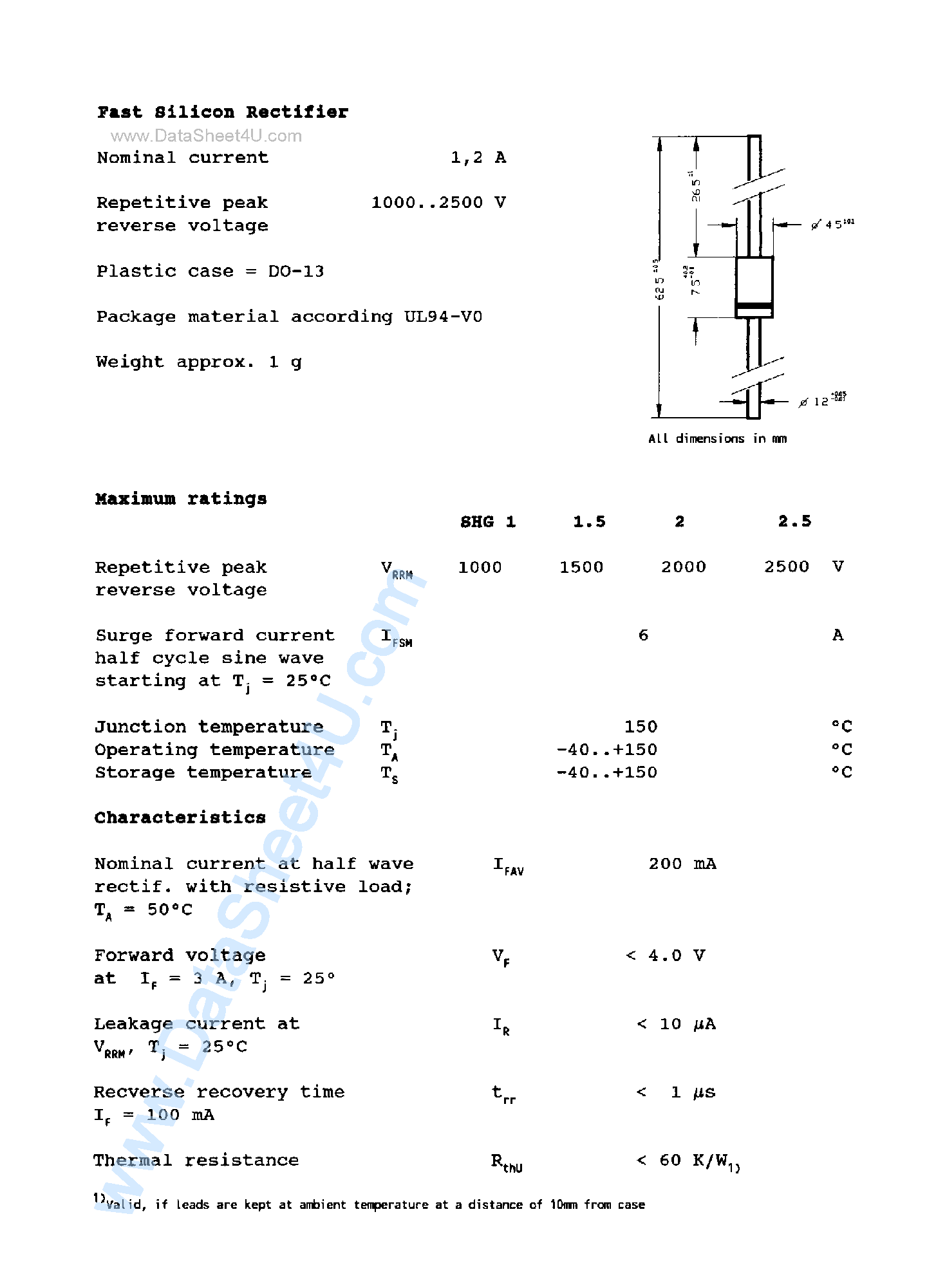Datasheet SHG1 - (SHG1 - SHG2.5) Fast Silicon Rectifier page 1