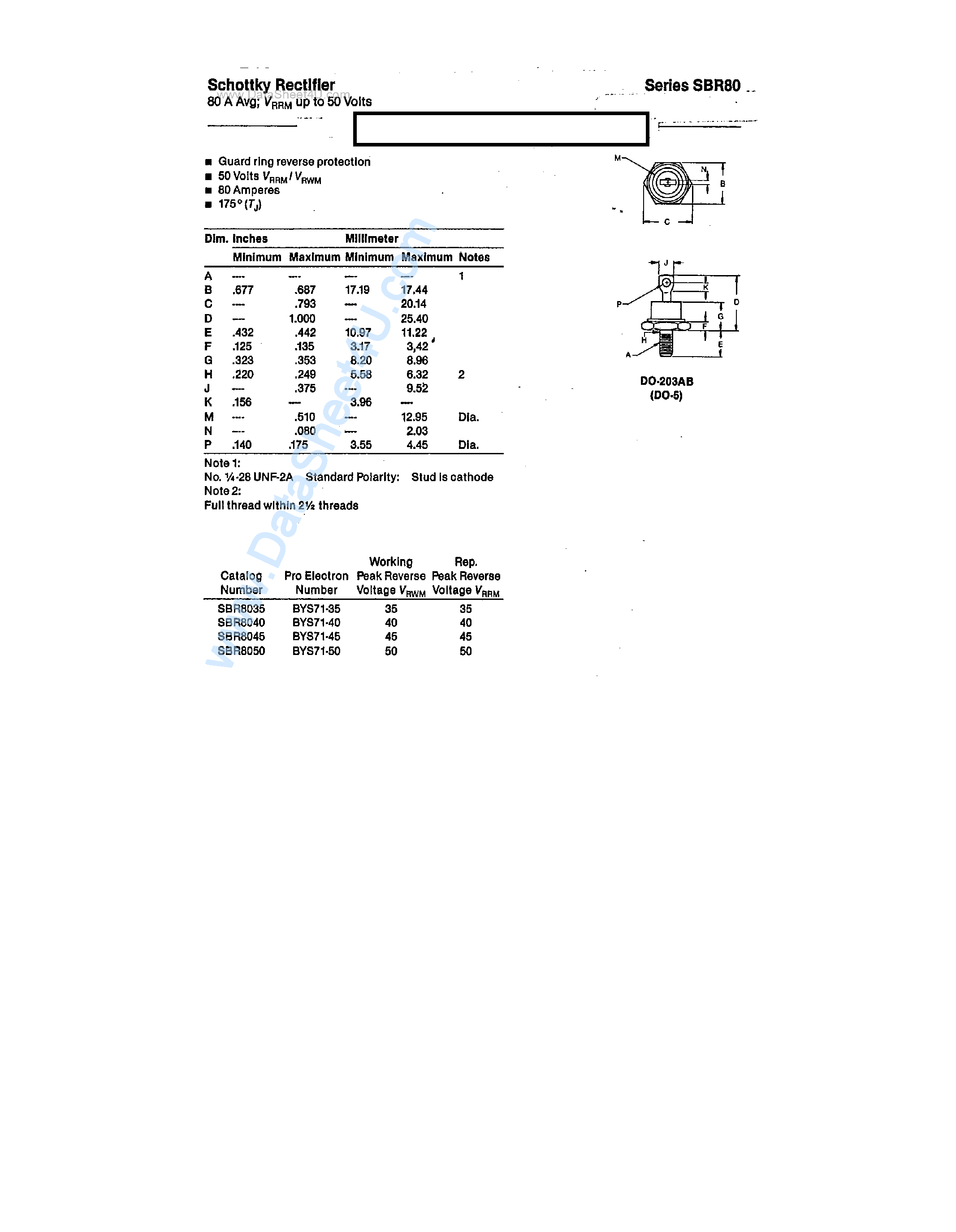 Datasheet BYS71-35 page 1 Datasheet BYS71-35 - (BYS71-35 - BYS71-50) Schottky Rectifier page 1