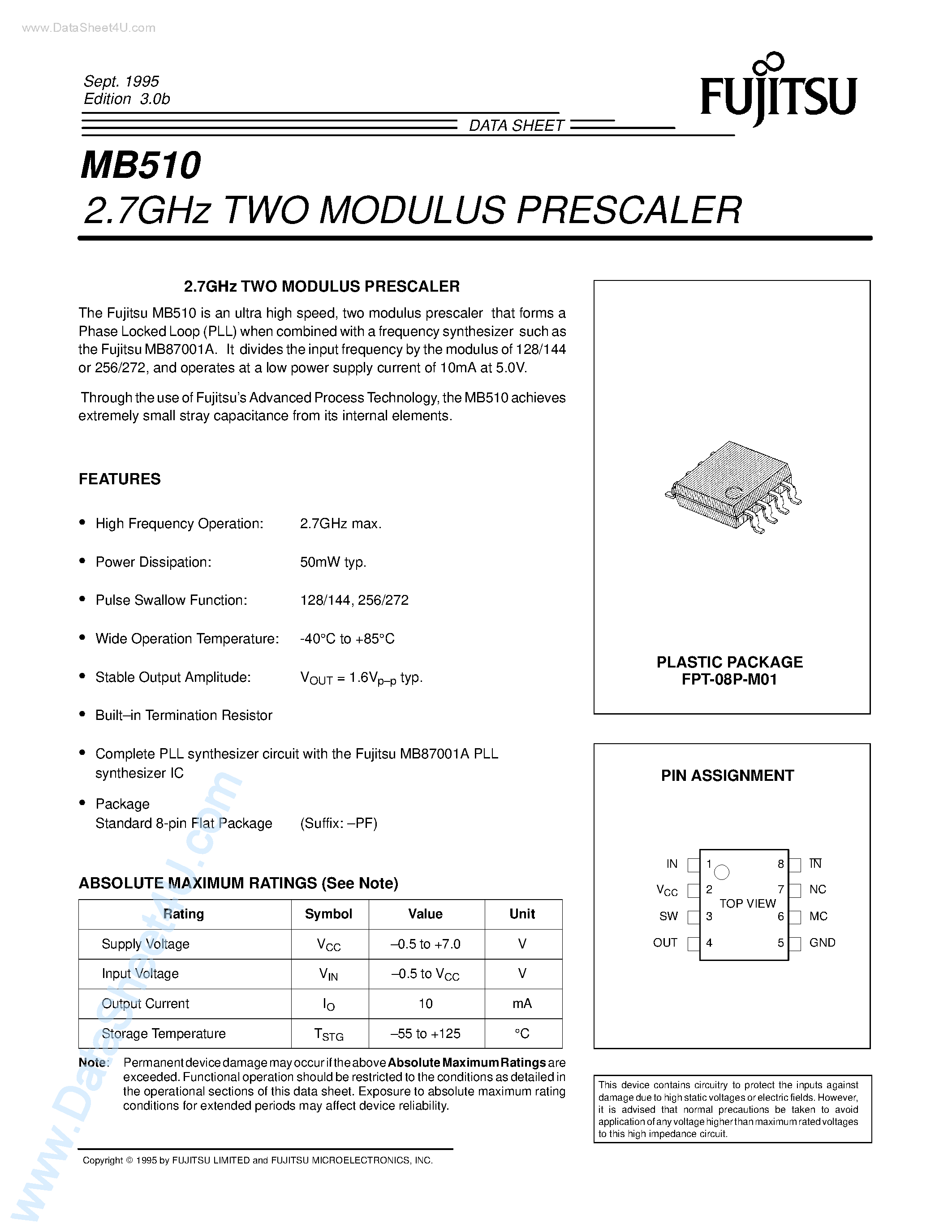 Datasheet MB510 - 2.7GHz TWO MODULUS PRESCALER page 1