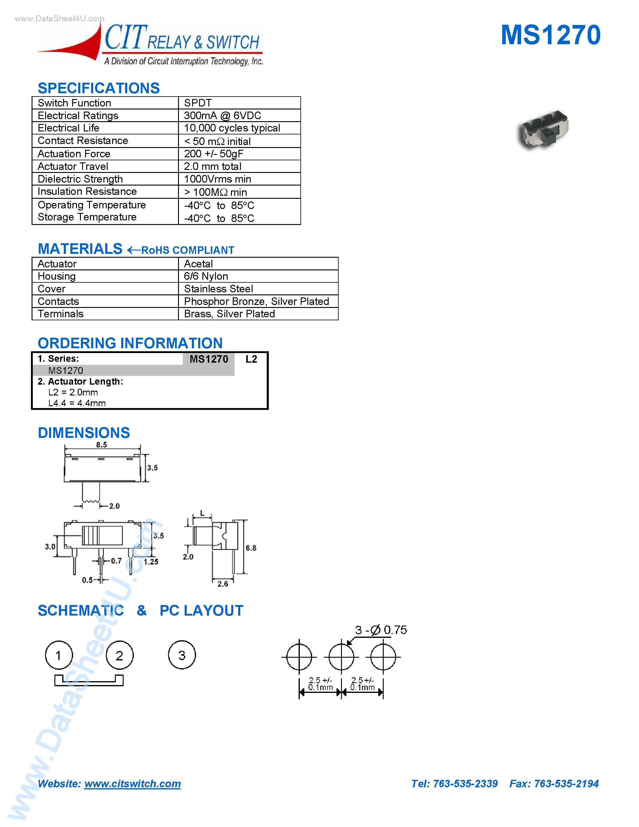 Datasheet MS1270 page 1 Datasheet MS1270 - CIT SWITCH page 1
