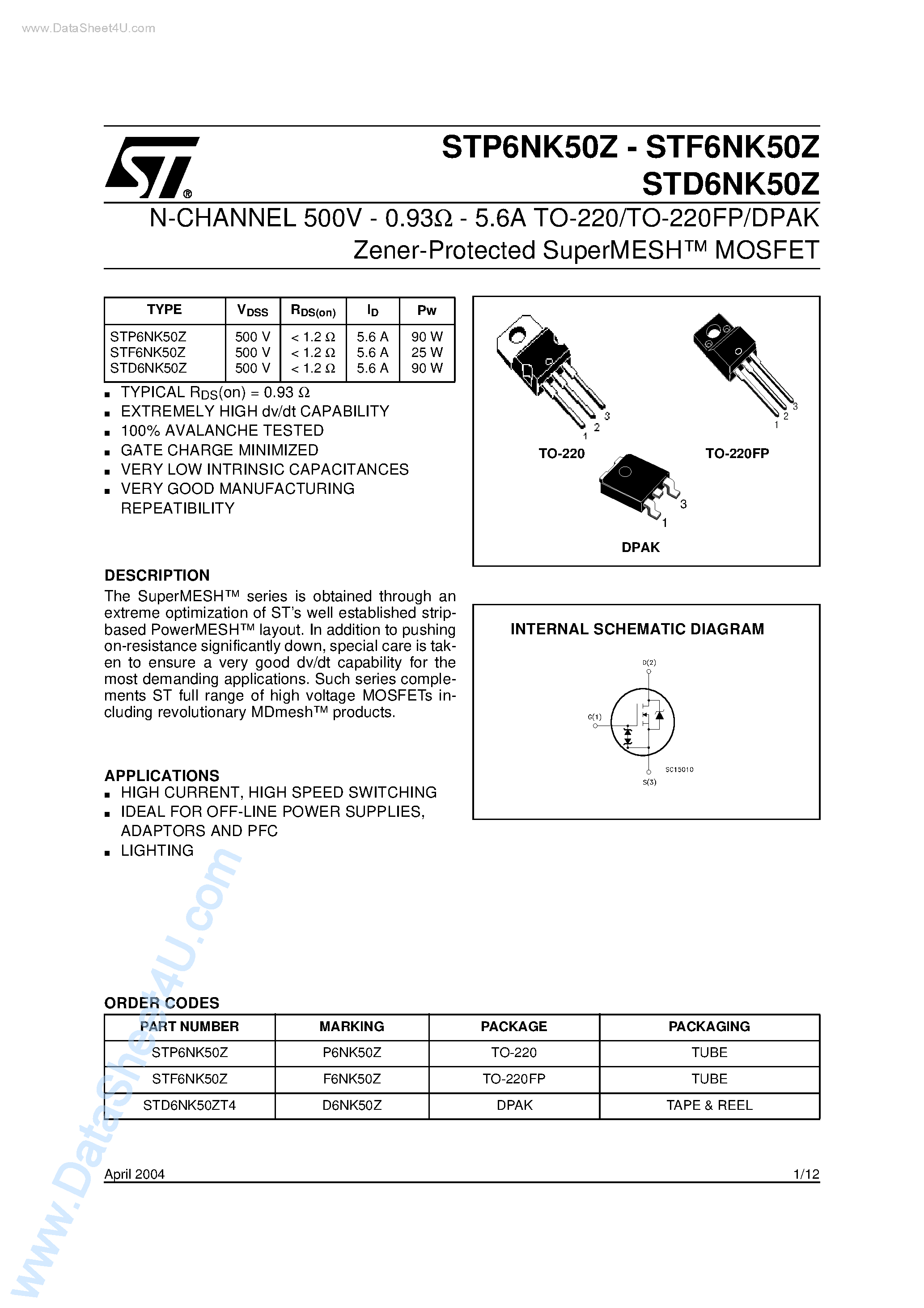 Даташит STP6NK50Z - N-CHANNEL MOSFET страница 1