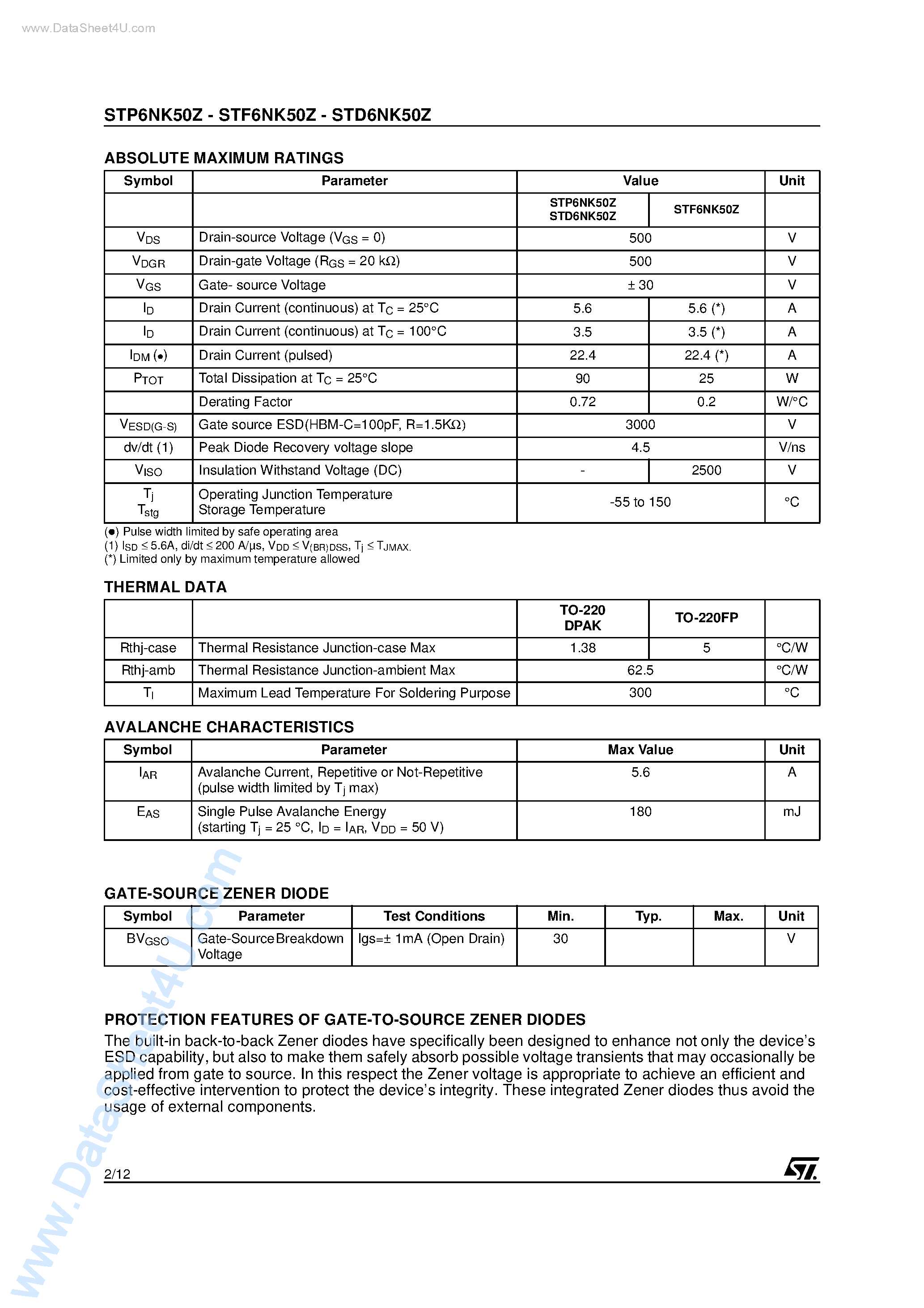 Даташит STP6NK50Z - N-CHANNEL MOSFET страница 2