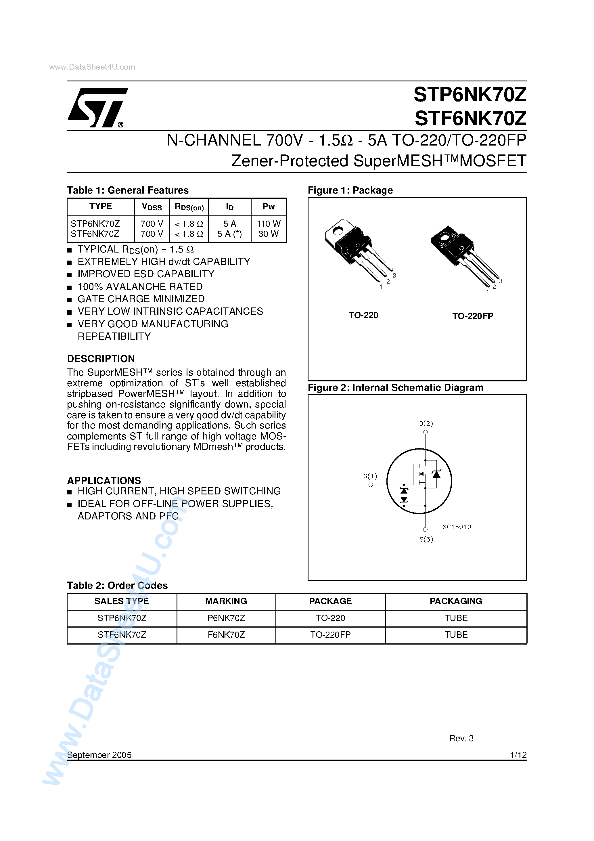 Даташит на микросхему STP6NK70Z страница 1 Даташит STP6NK70Z - N-CHANNEL MOSFET страница 1