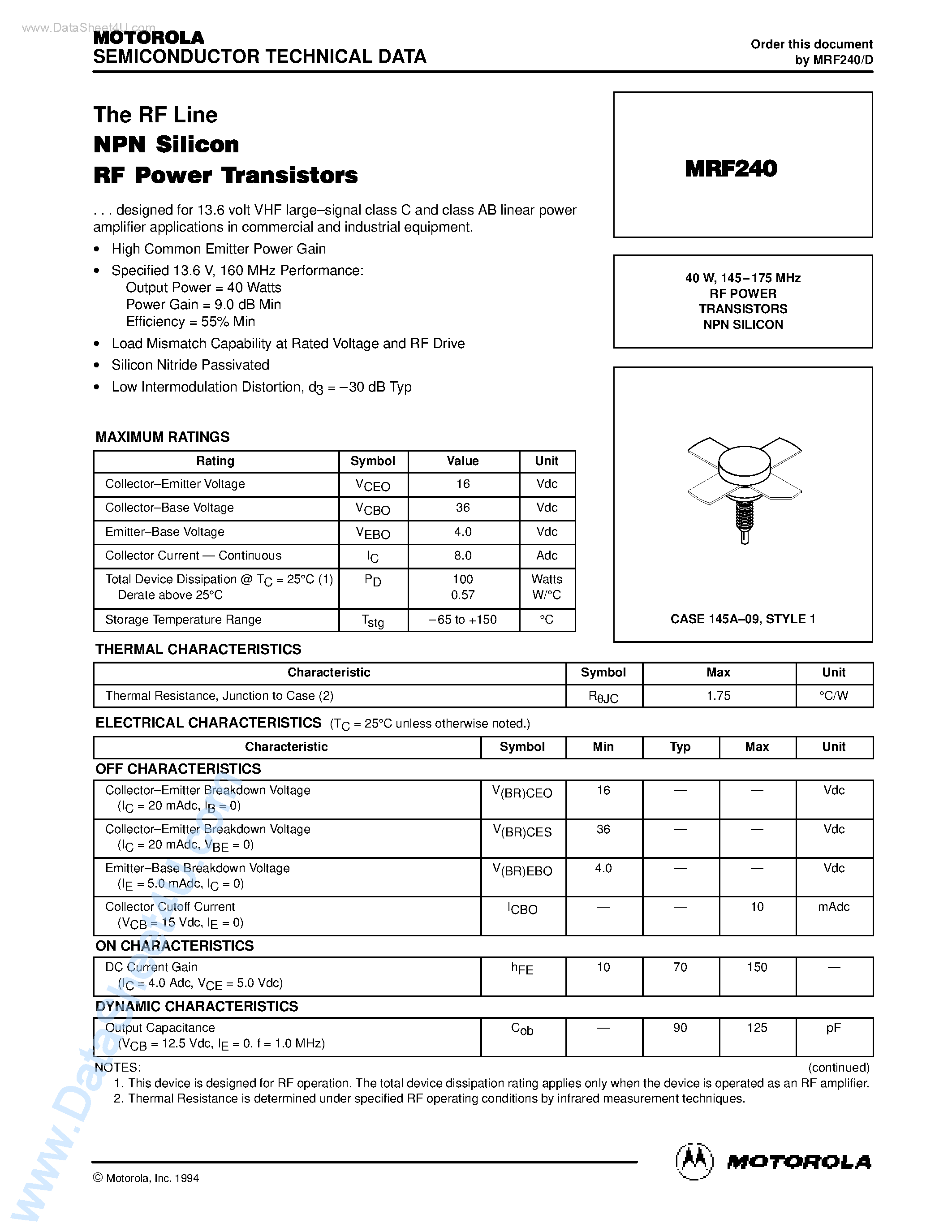 Datasheet MRF240 page 1 Datasheet MRF240 - RF POWER TRANSISTORS NPN SILICON page 1