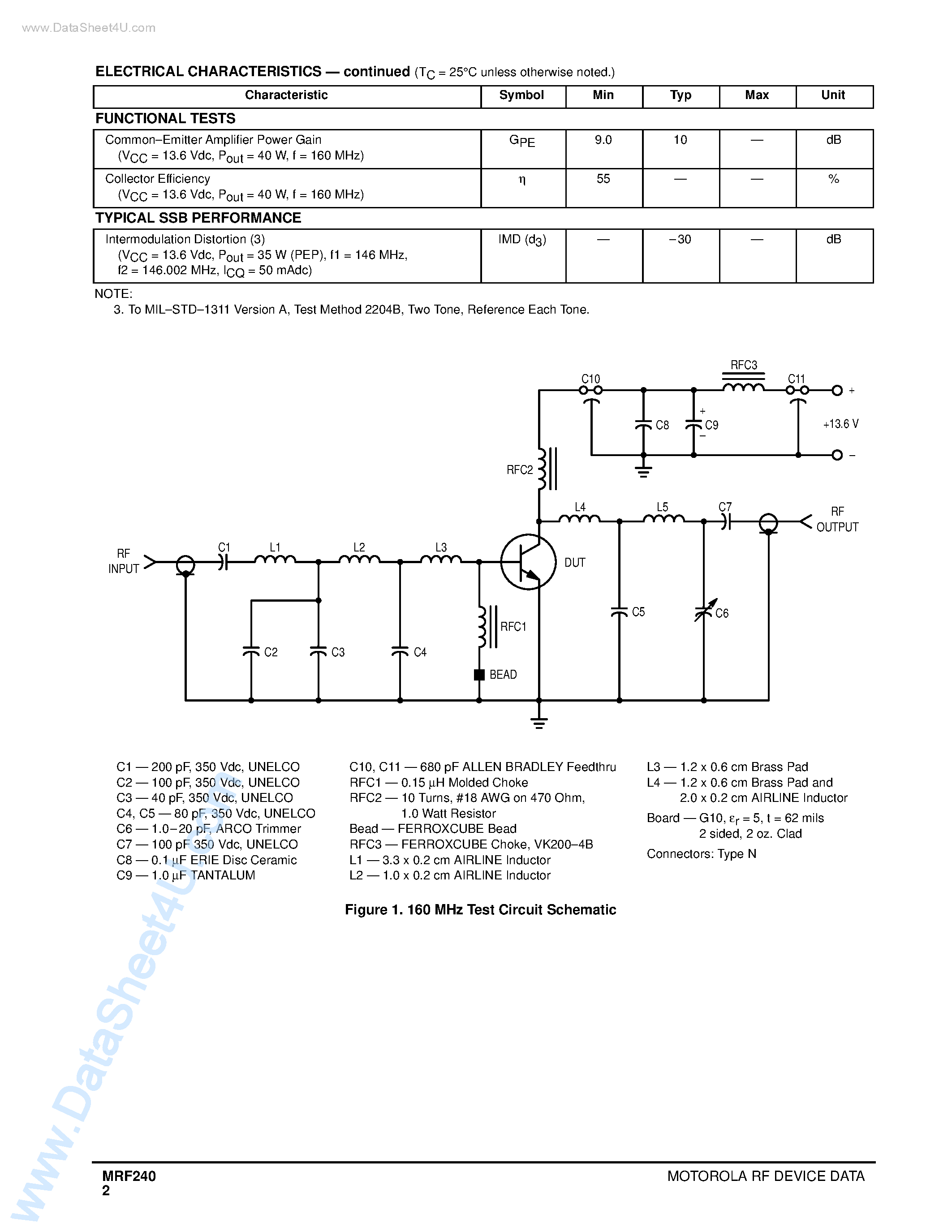 Datasheet MRF240 page 2 Datasheet MRF240 - RF POWER TRANSISTORS NPN SILICON page 2