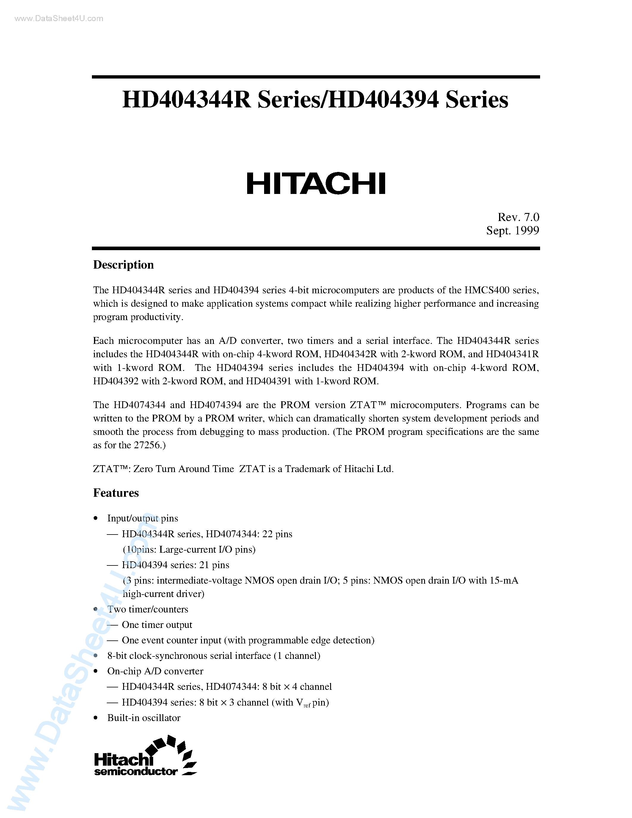 Datasheet HD404341 - (HD404xxx Series) 4-Bit Microcomputer page 1