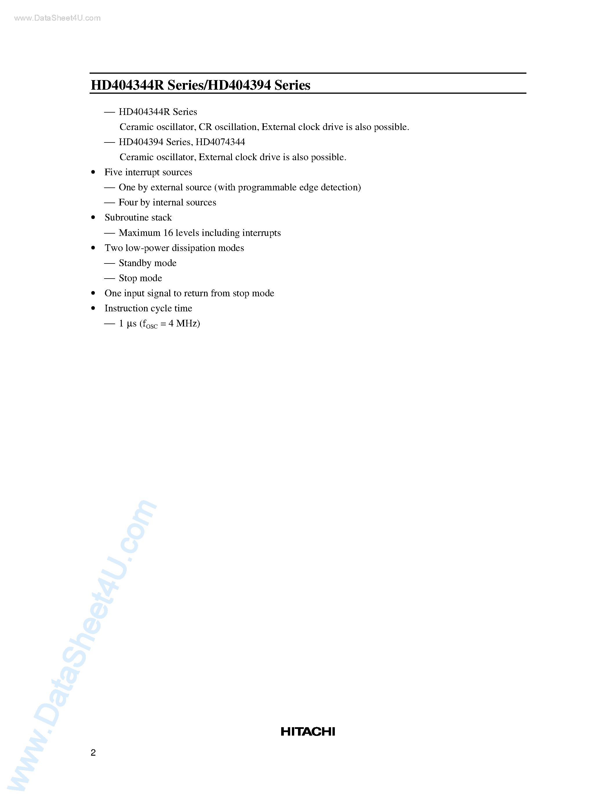 Datasheet HD404341 - (HD404xxx Series) 4-Bit Microcomputer page 2