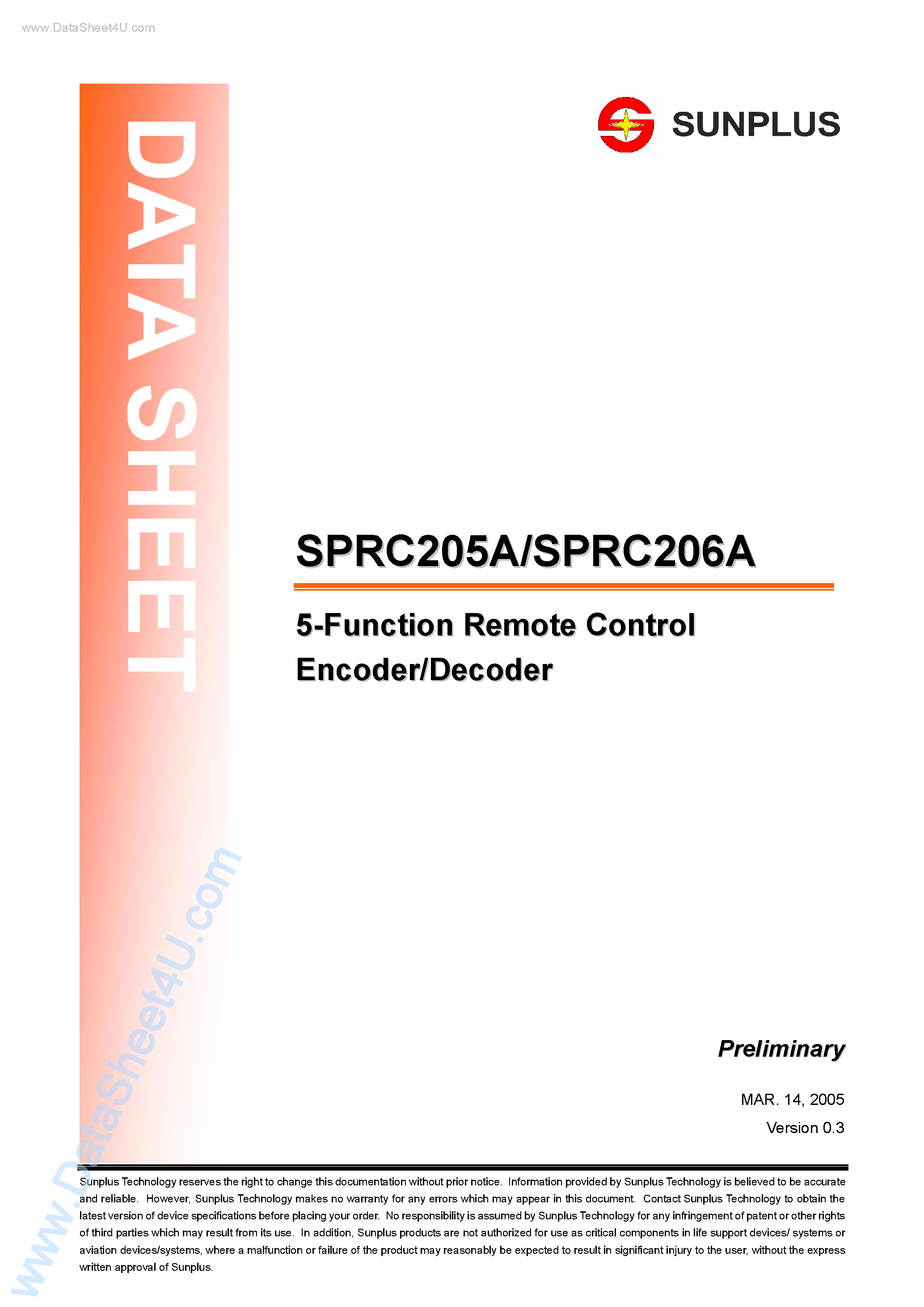 Datasheet SPRC205A - (SPRC205A / SPRC206A) 5-Function Remote Control Encoder / Decoder page 1
