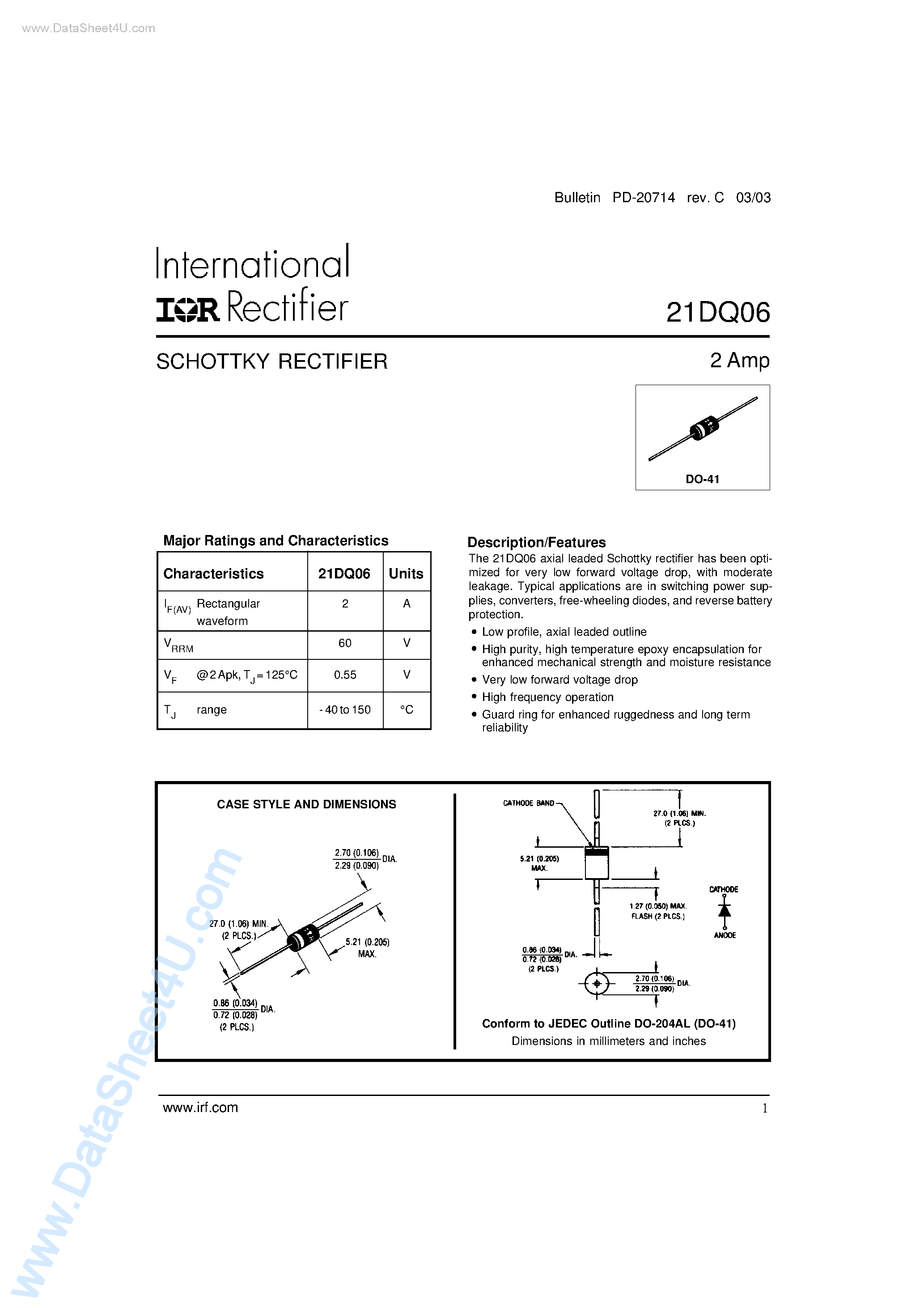 Datasheet 21DQ06 - SCHOTTKY RECTIFIER page 1