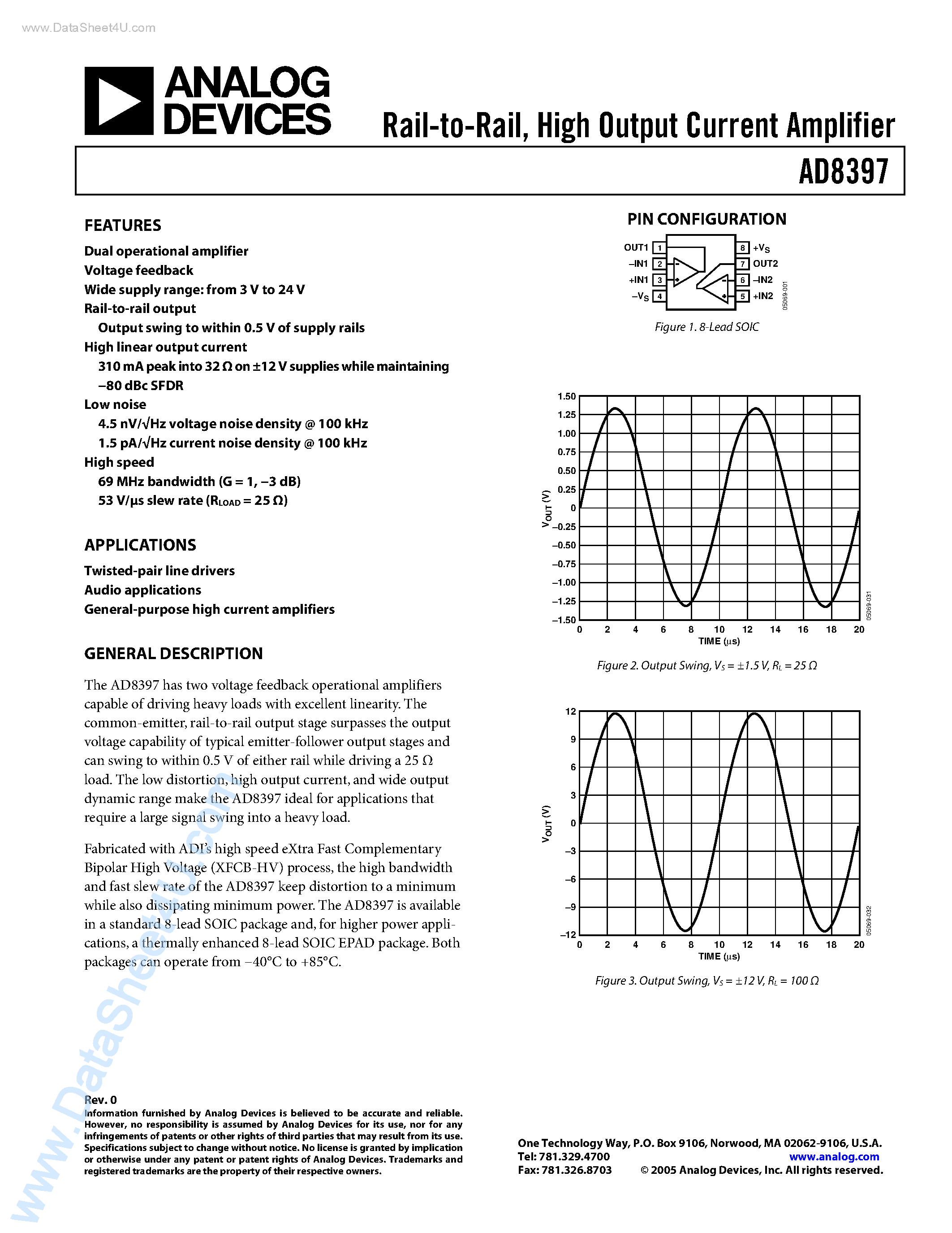 Datasheet AD8397 page 1 Datasheet AD8397 - Rail-to-Rail High Output Current Amplifier page 1