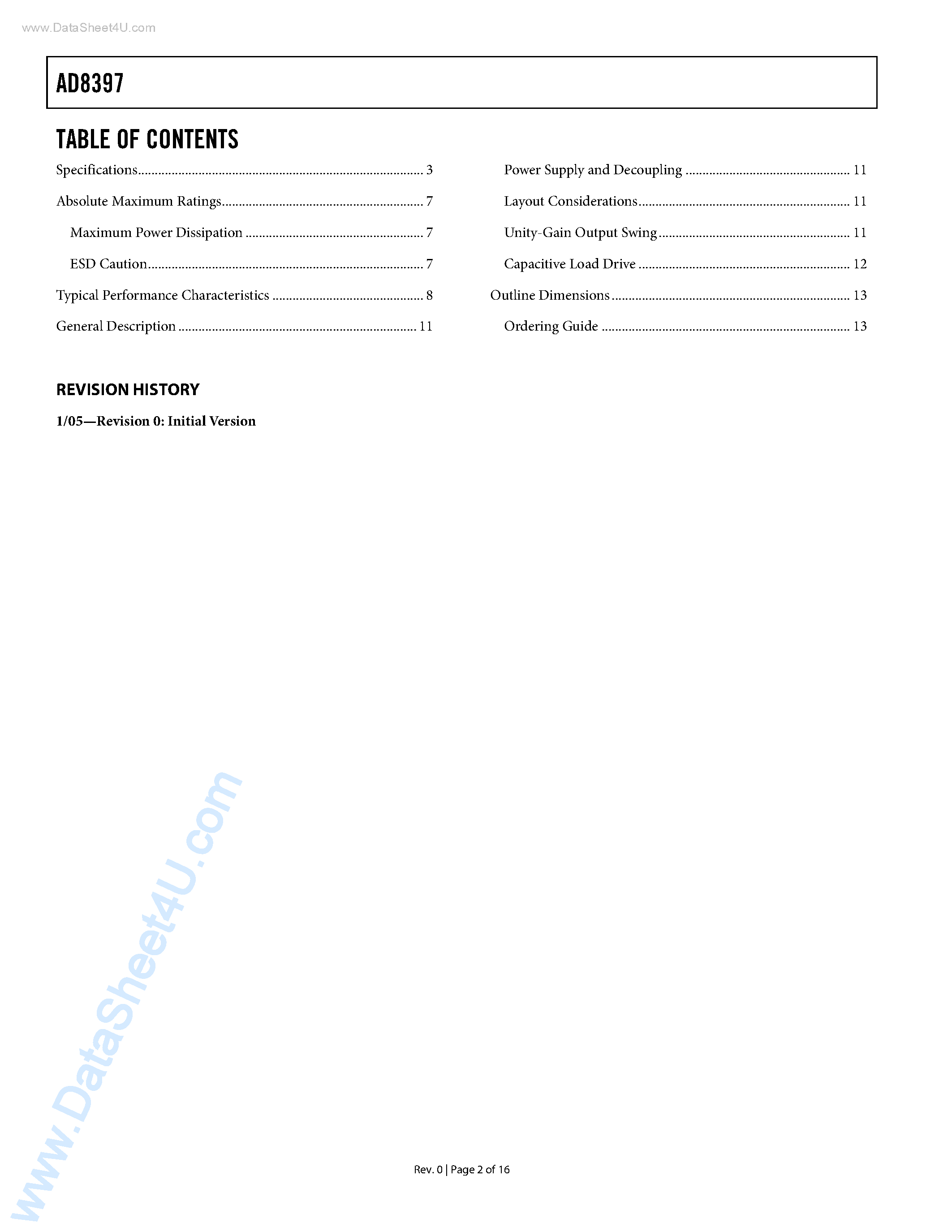 Datasheet AD8397 page 2 Datasheet AD8397 - Rail-to-Rail High Output Current Amplifier page 2