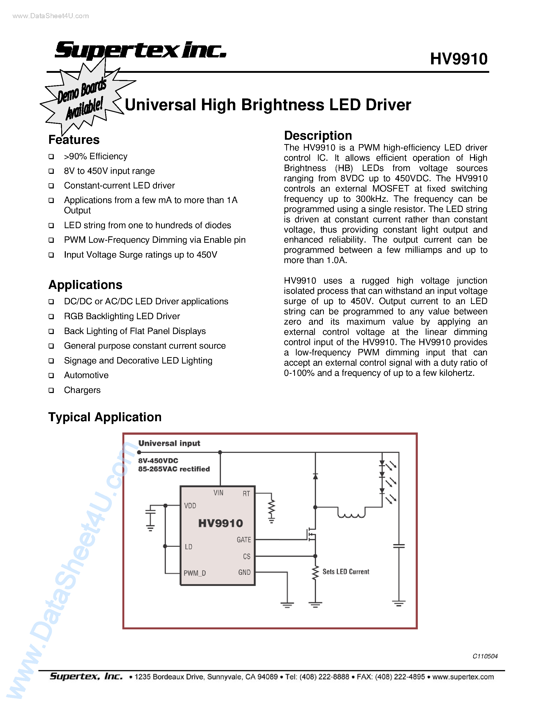 Даташит HV9910 - Universal High Brightness LED Driver страница 1