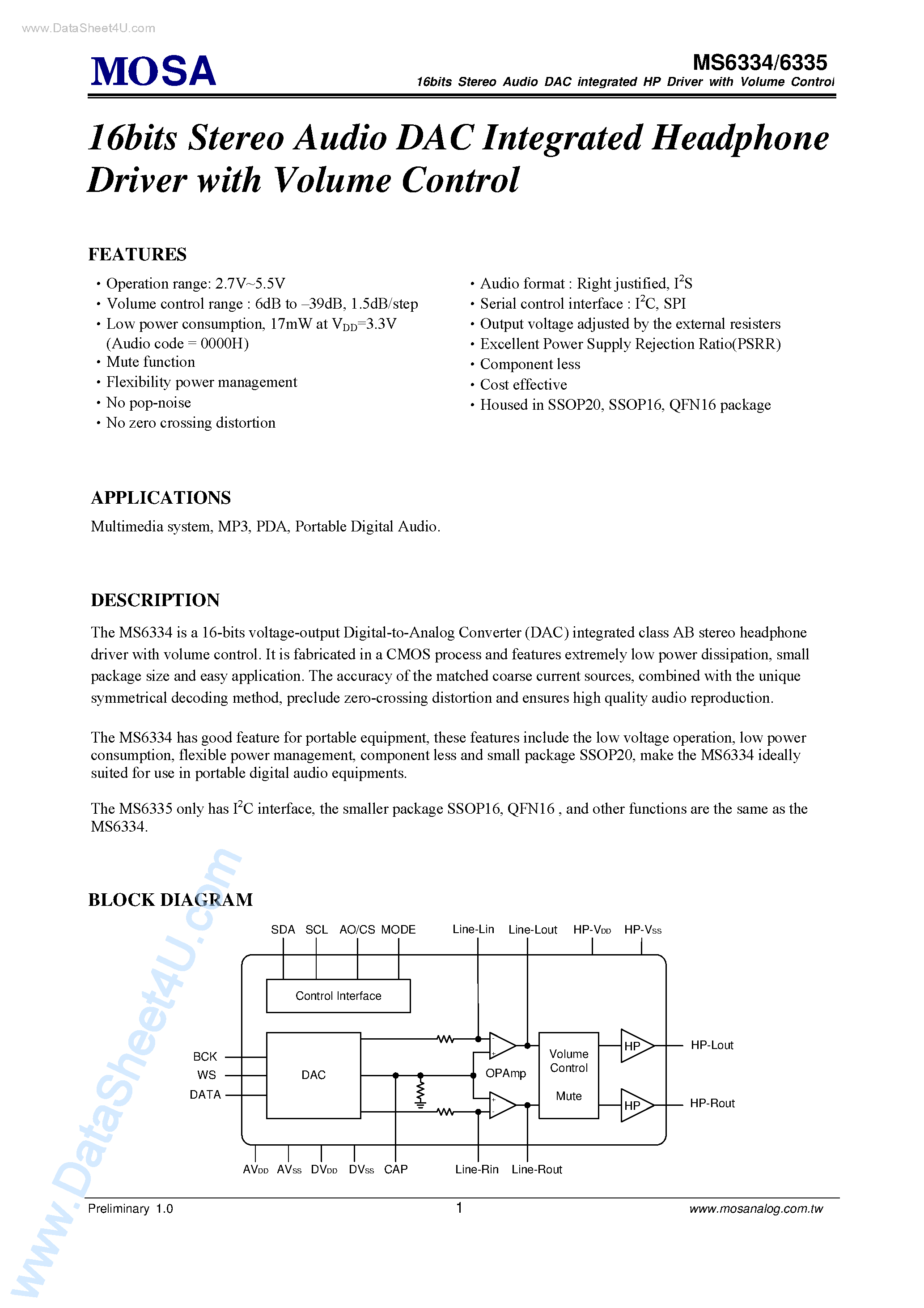 Datasheet MS6334 - (MS6334 / MS6335) 16-Bit Stereo Audio DAC Integrated Headphone Driver page 1