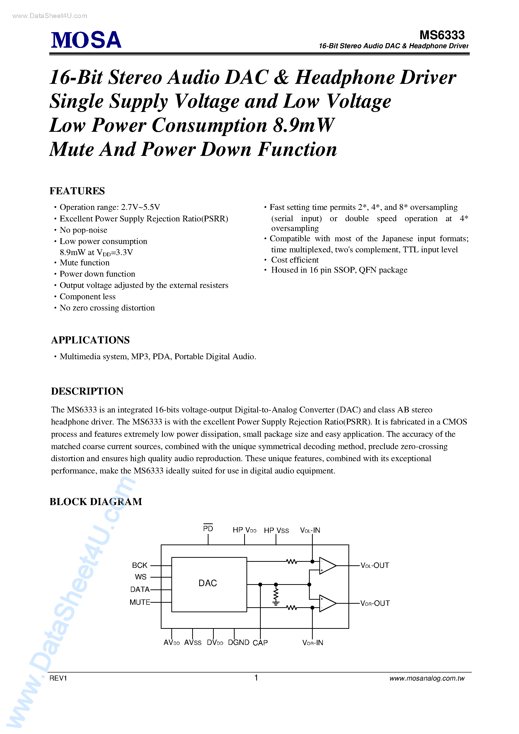 Datasheet MS6333 - 16-Bit Stereo Audio DAC and Headphone Driver page 1