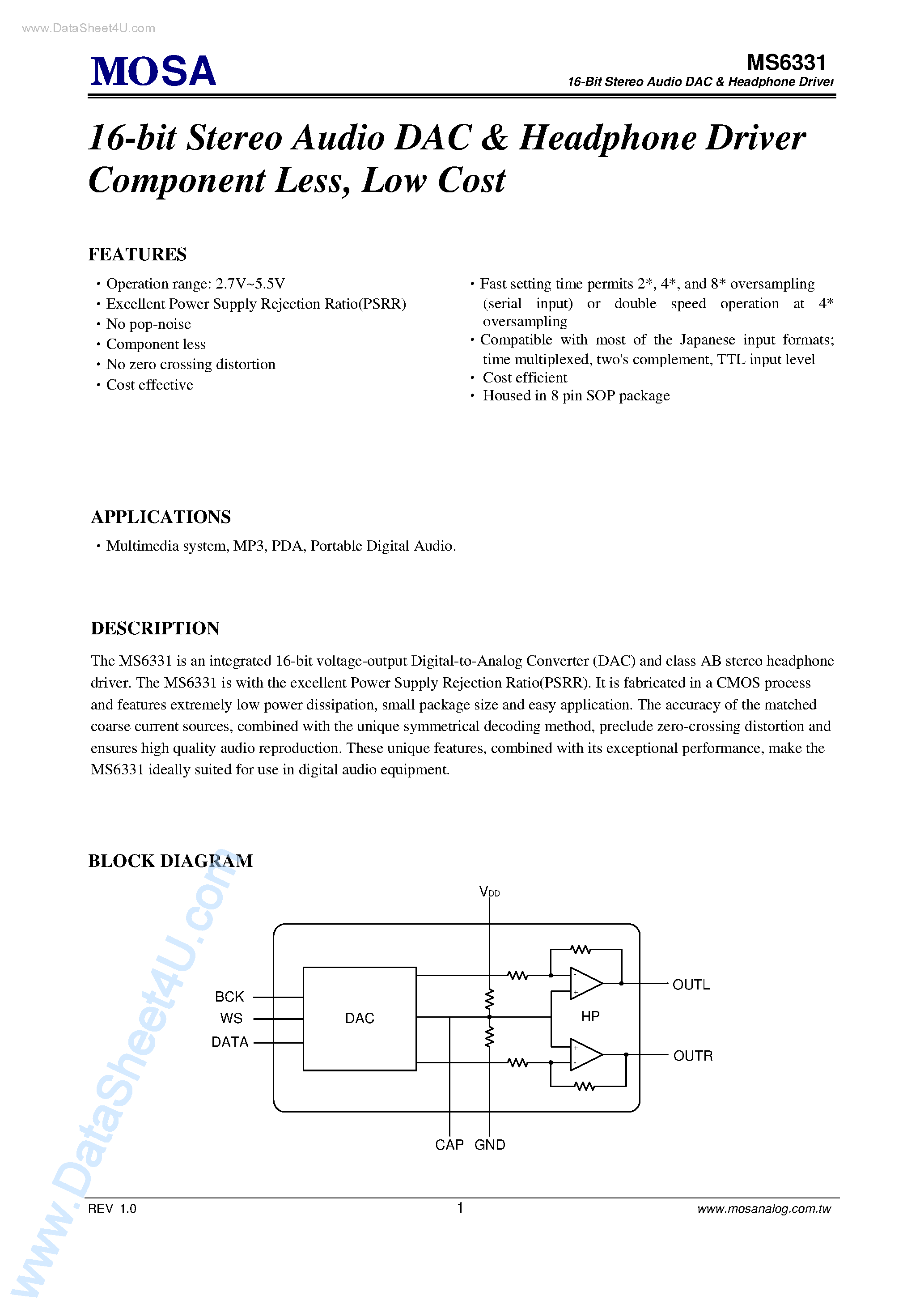 Datasheet MS6331 - 16-Bit Stereo Audio DAC and Headphone Driver page 1