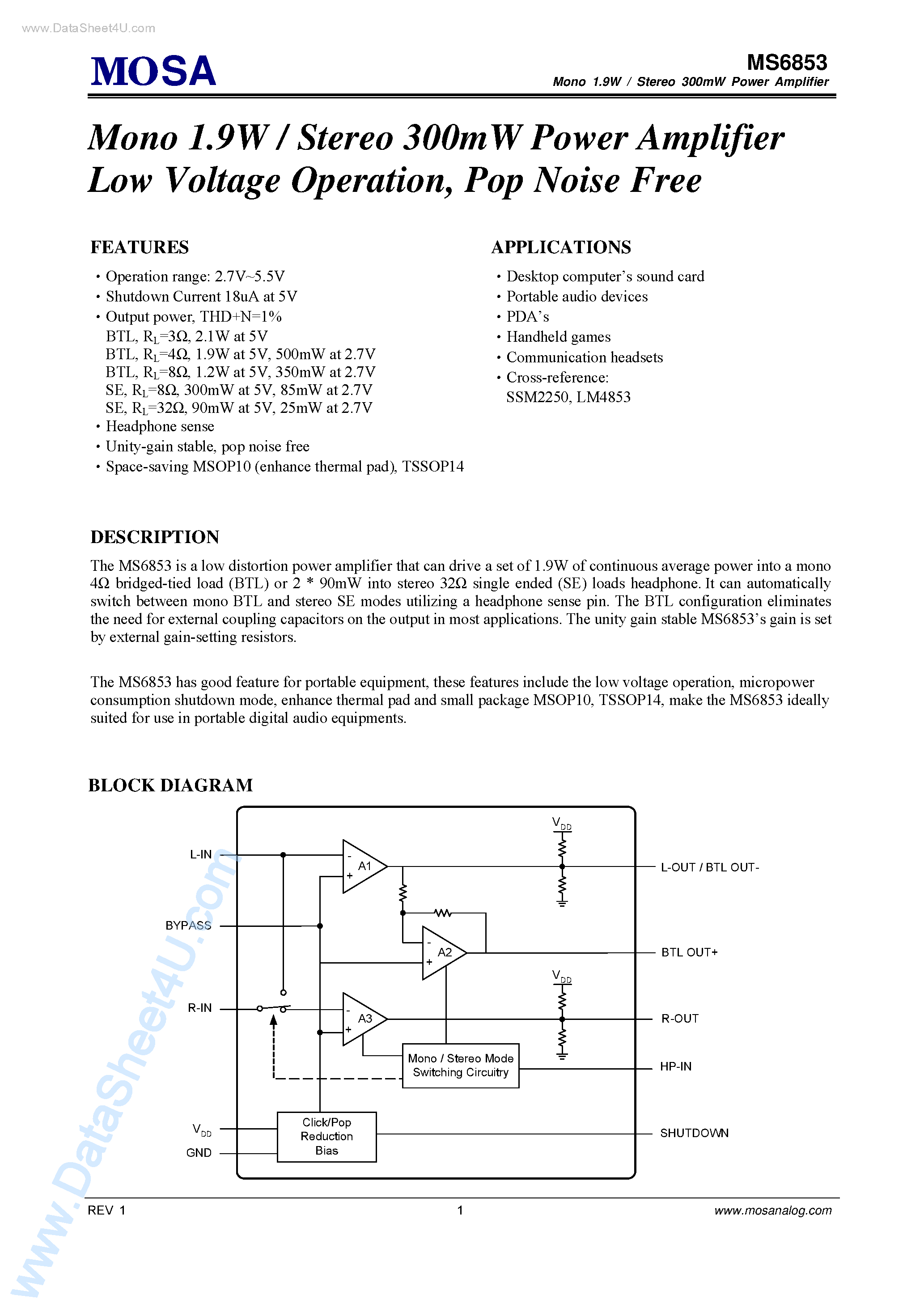 Datasheet MS6853 - Mono 1.9W Stereo 300mW Power Amplifier Low Voltage Operation page 1