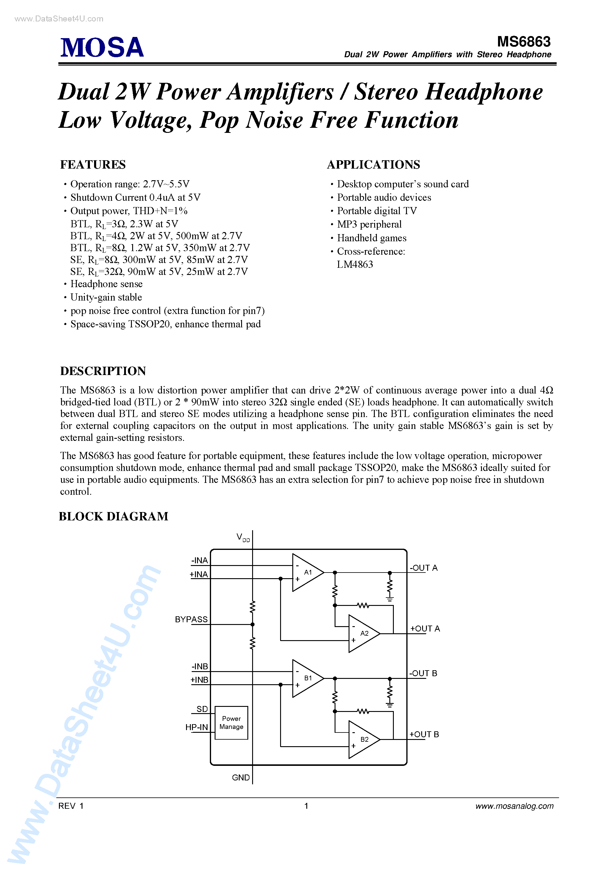 Даташит MS6863 - Dual 2W Power Amplifiers / Stereo Headphone Low Voltage страница 1