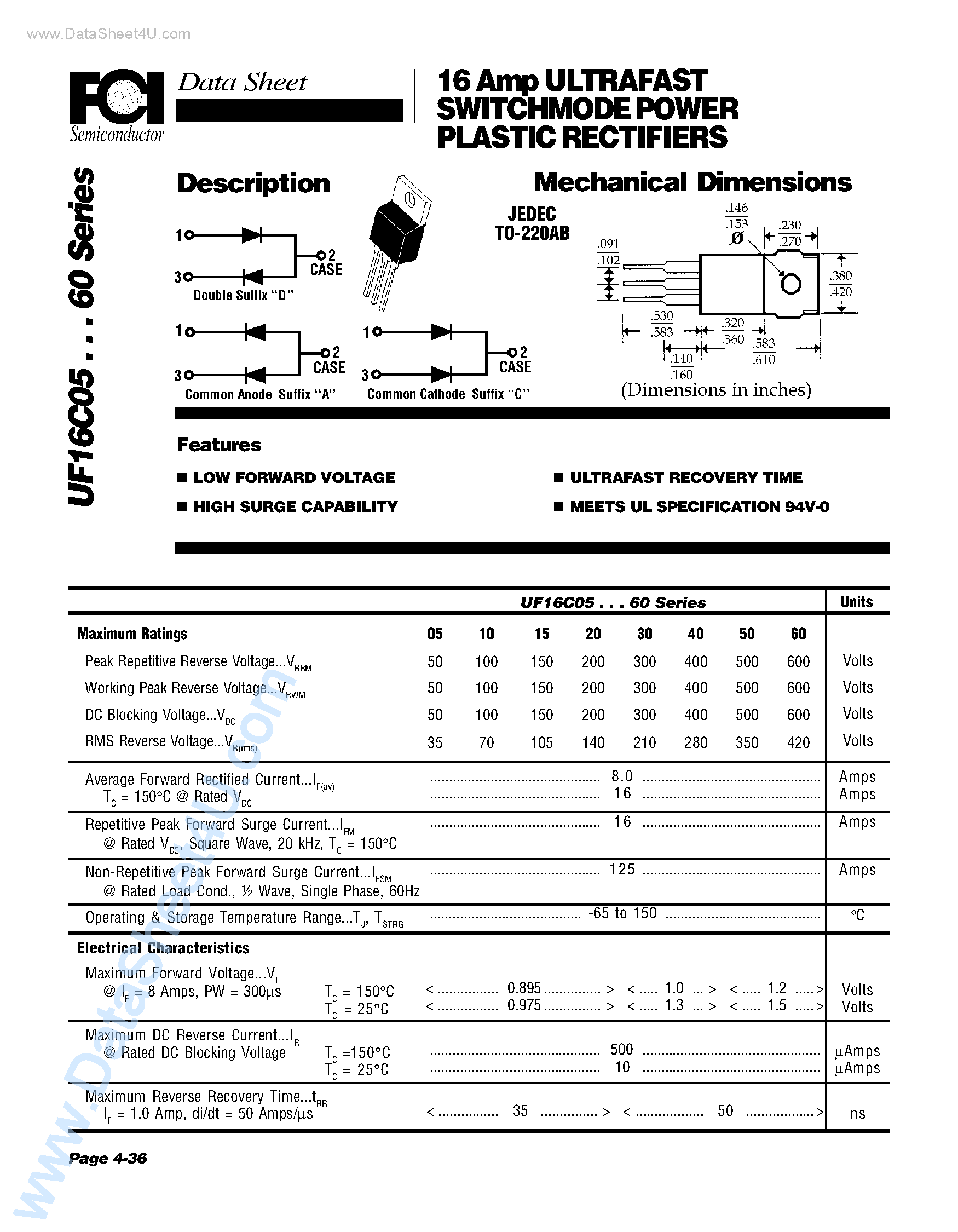 Datasheet UF16Cxx - (UF16C05 - UF16C60) 16 Amp ULTRAFAST SWITCHMODE POWER PLASTIC RECTIFIERS Mechanical Dimensions page 1