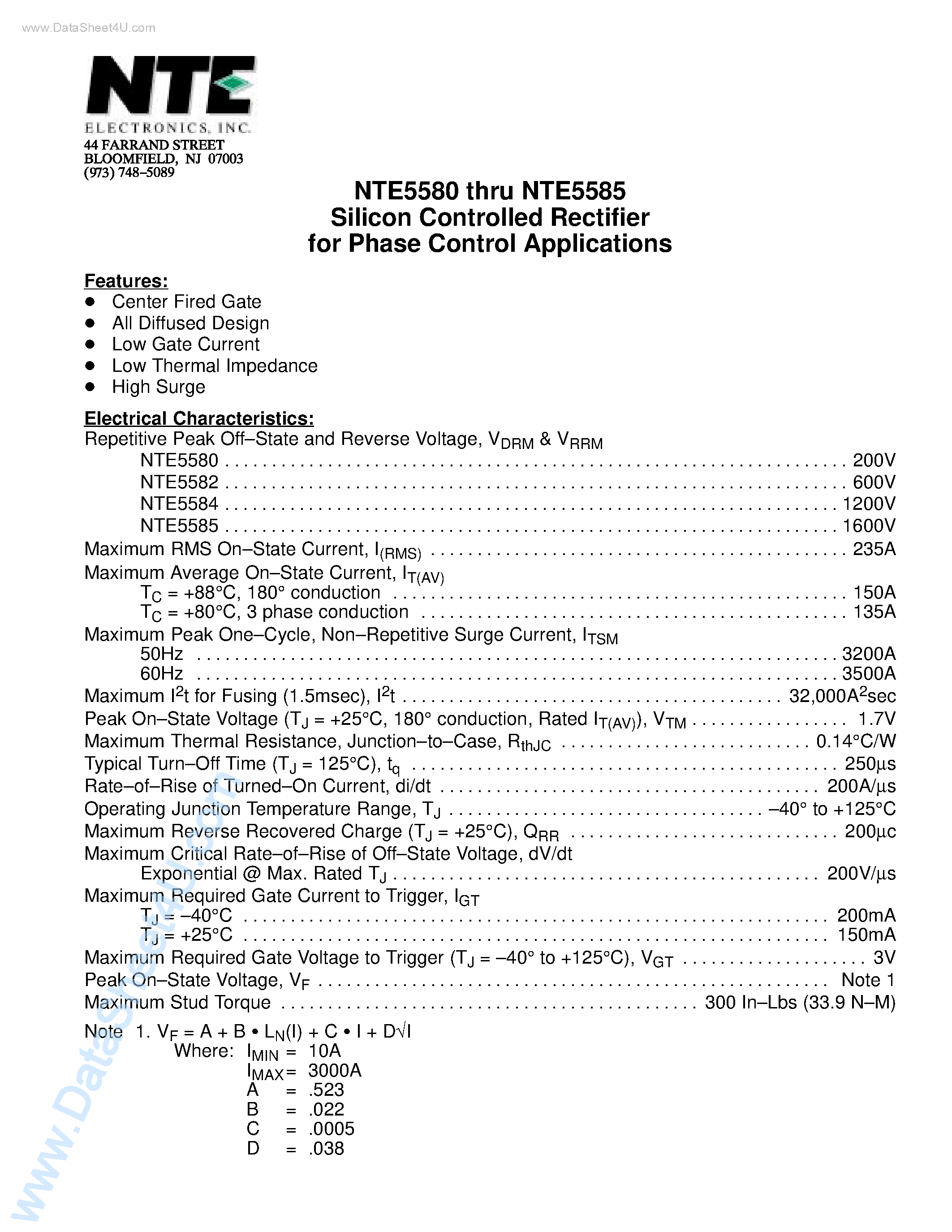 Даташит NTE5580 - (NTE5580 - NTE5585) Silicon Controlled Rectifier for Phase Control Applications страница 1