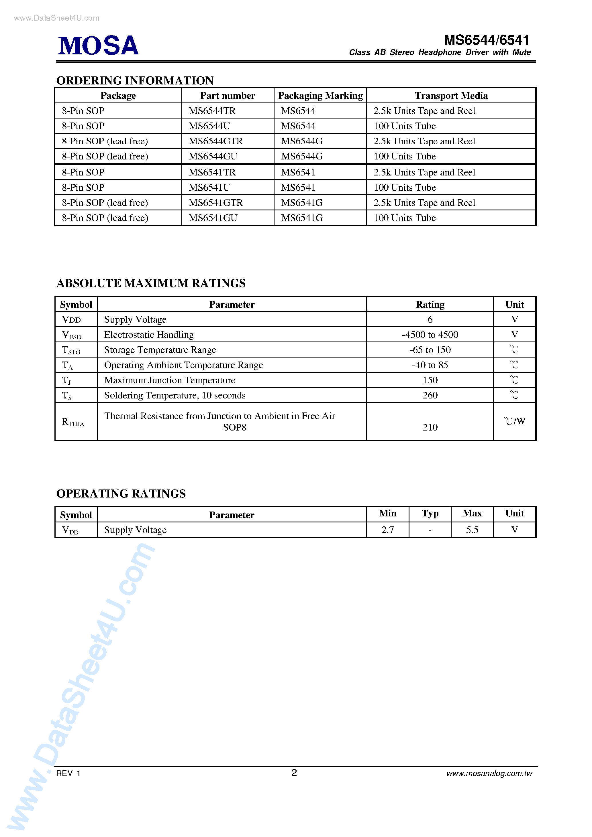 Даташит MS6541 - (MS6541 / MS6544) Stereo Headphone Driver страница 2