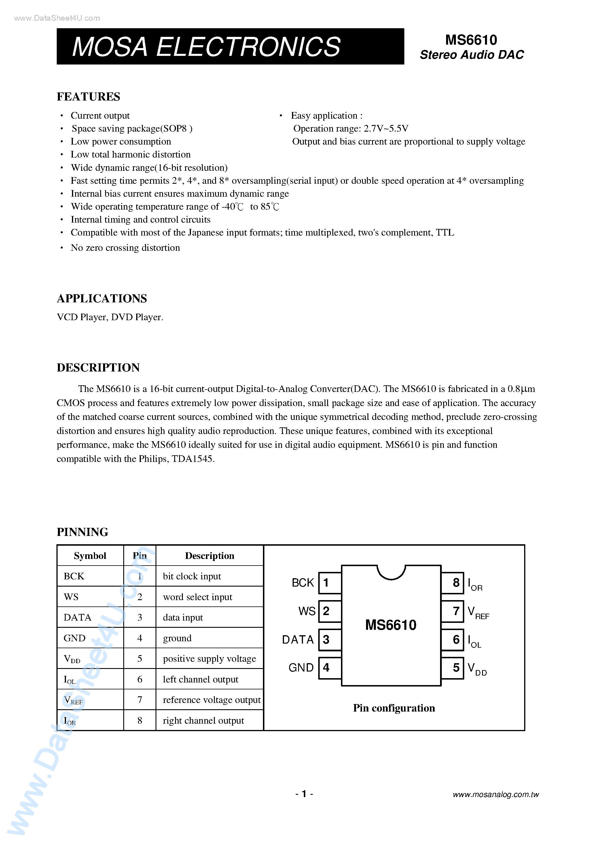 Datasheet MS6610 - Stereo Audio DAC page 1