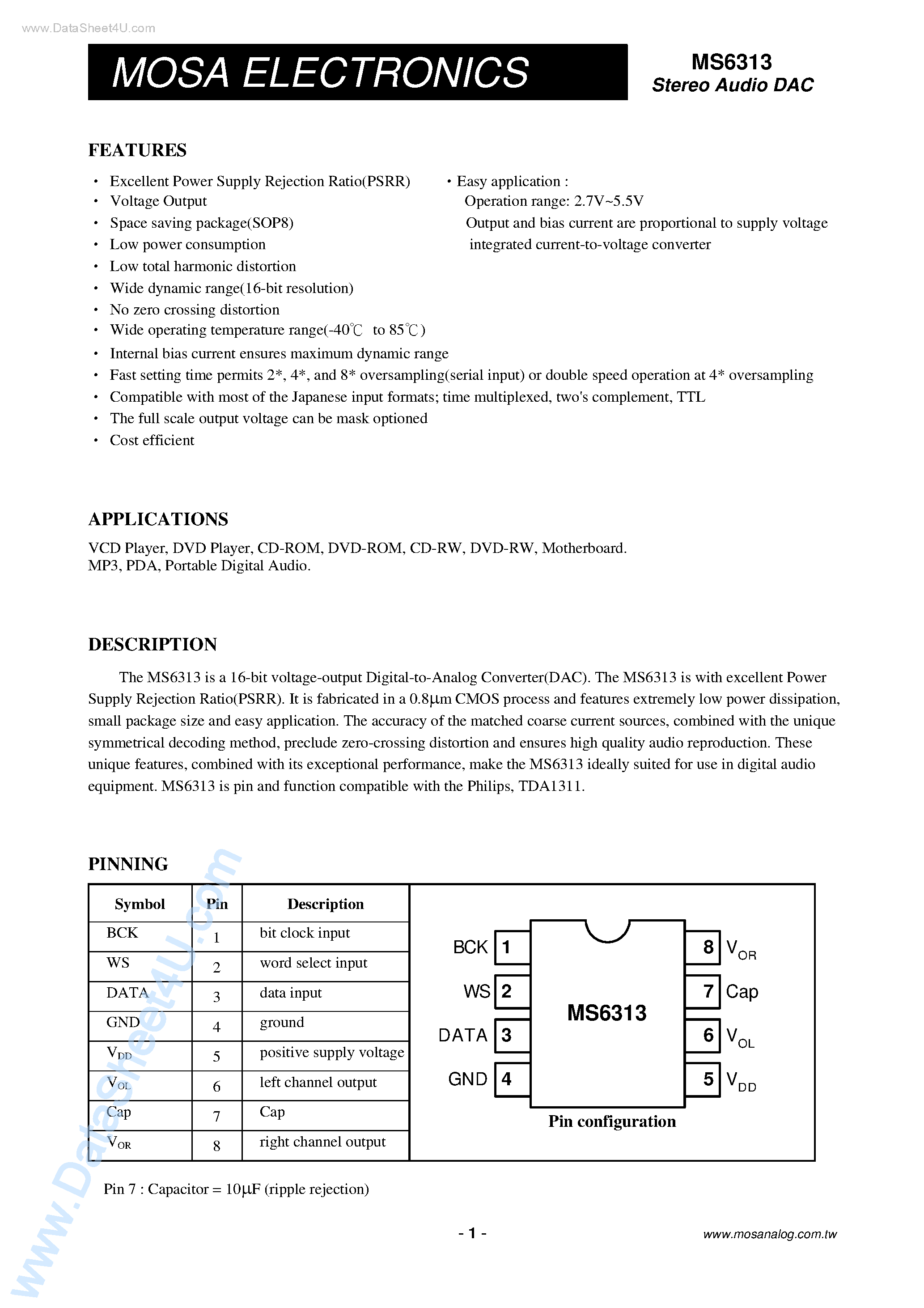 Datasheet MS6313 - Stereo Audio DAC page 1