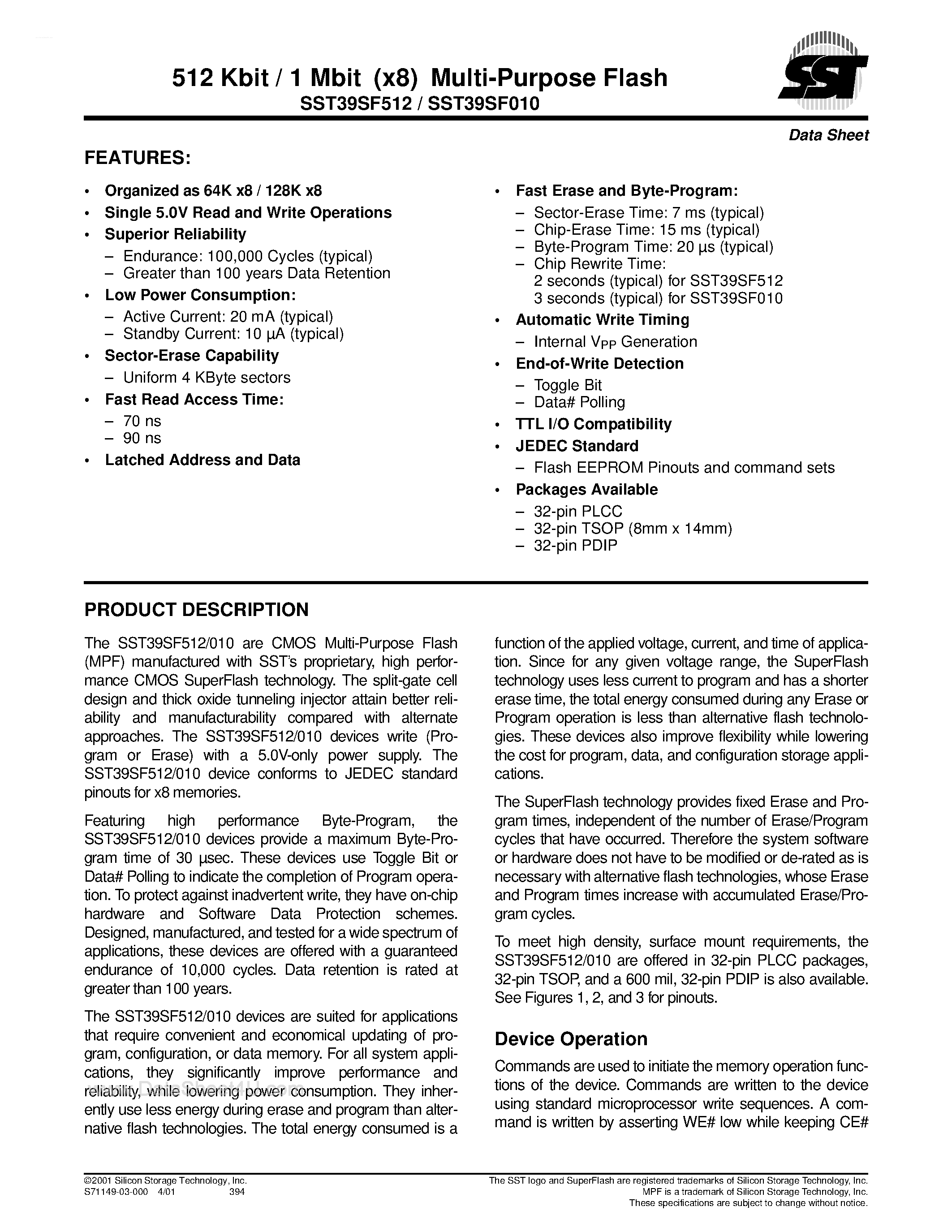 Даташит 39SF010 - (sst39SF010 / SST39SF512) 512 Kbit / 1 Mbit (x8) Multi-Purpose Flash страница 1