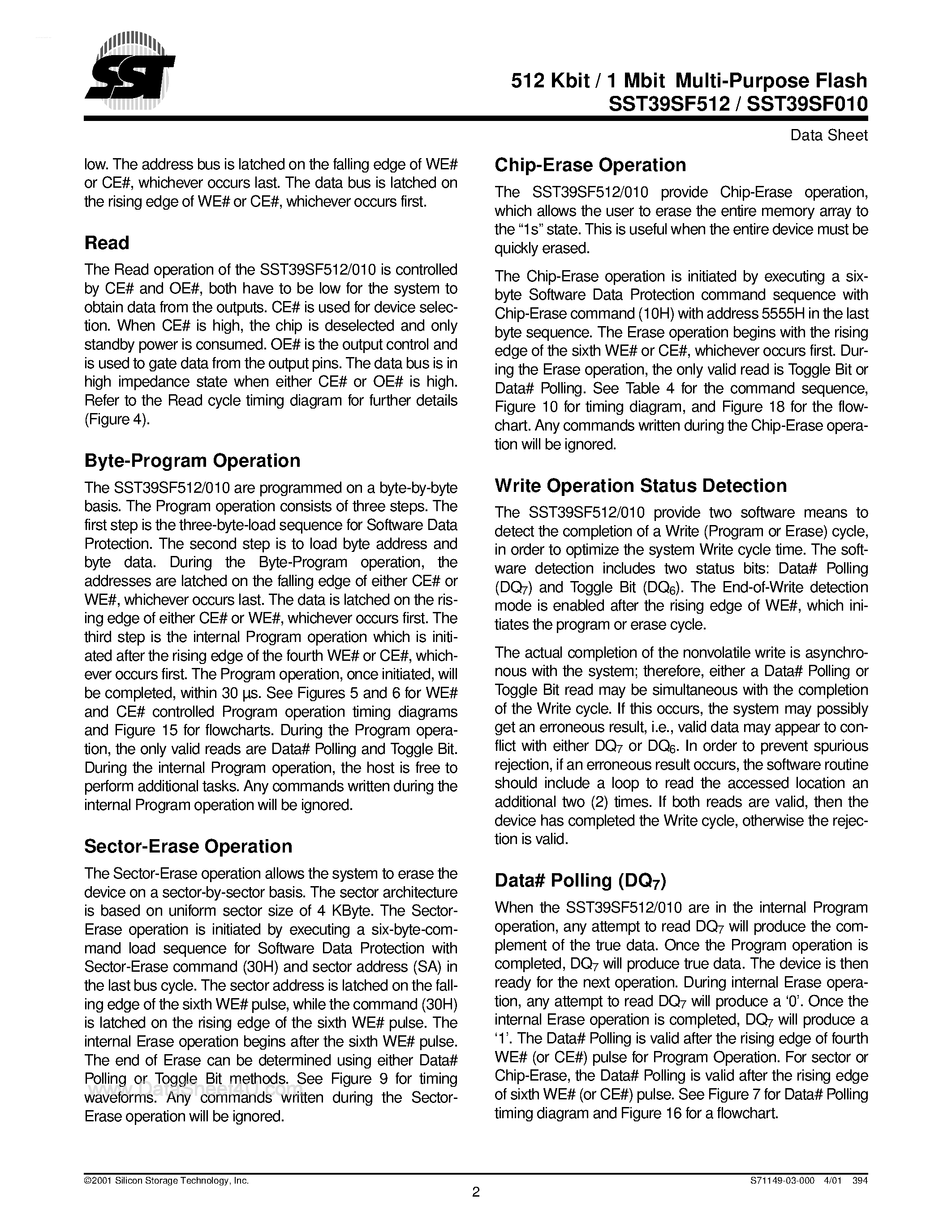 Даташит 39SF010 - (sst39SF010 / SST39SF512) 512 Kbit / 1 Mbit (x8) Multi-Purpose Flash страница 2