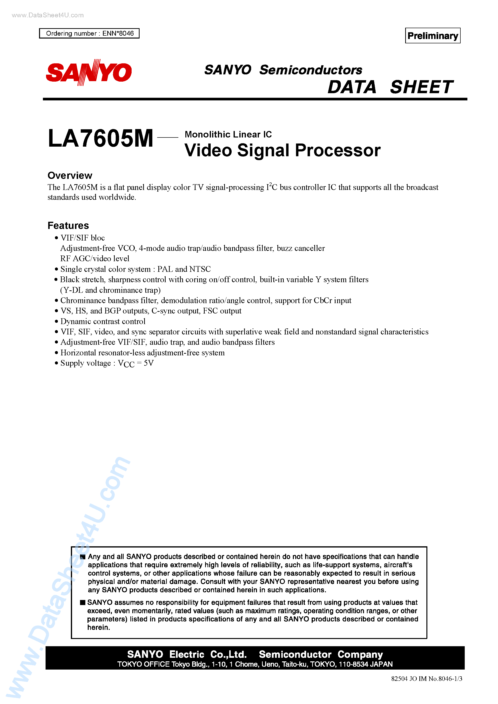 Даташит LA7605M - Video Signal Processor страница 1