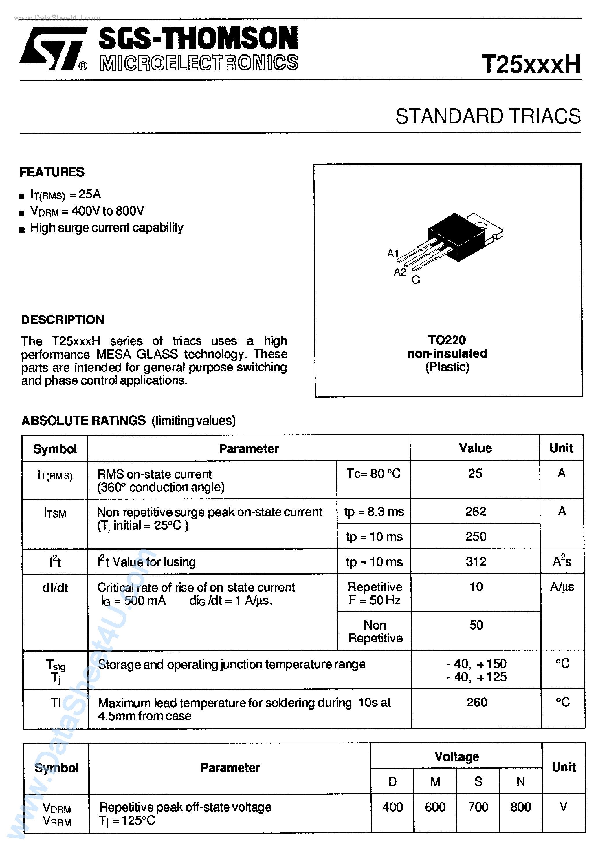 Datasheet T26212 page 1 Datasheet T26212 - (T25xxxH) STANDARD TRIACS page 1