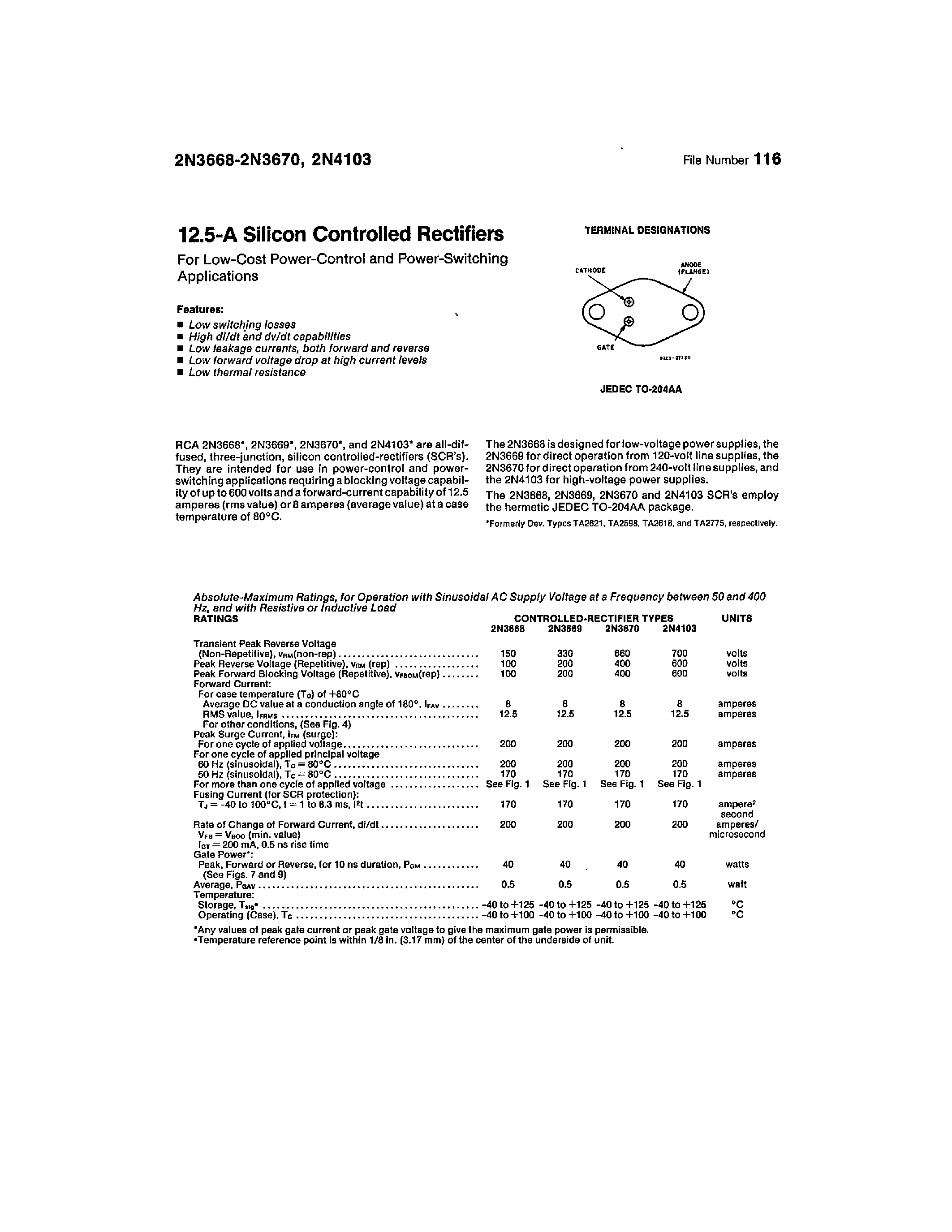 Datasheet 2N3668 - (2N3670 - 2N3668) 12.5A SILICON CONTROLLED RECTIFIERS page 1