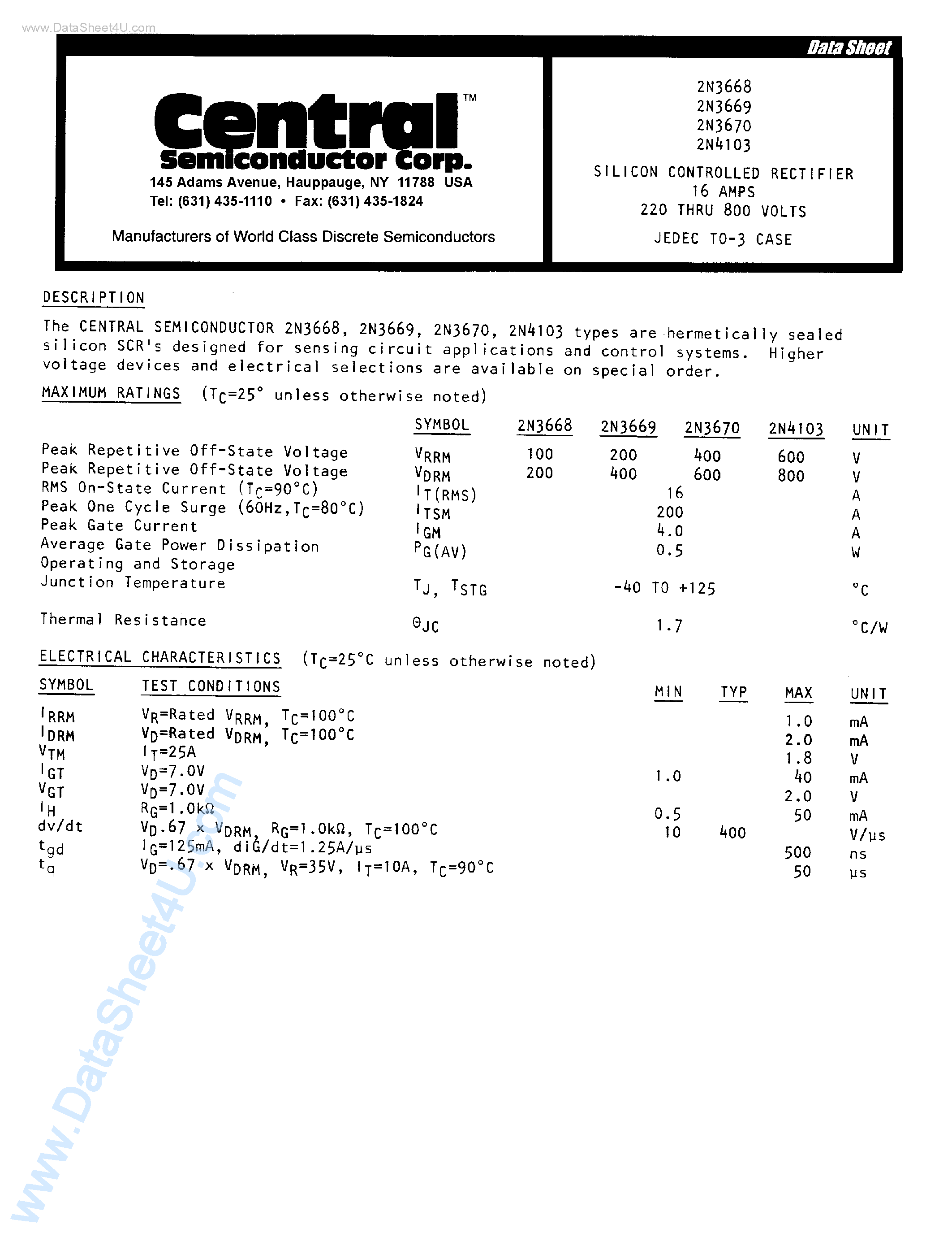 Datasheet 2N3669 - (2N3668 - 2N3670) SILICON CONTROLLED RECTIFIER 16AMPS 220 THRU 800 VOLTS JEDEC TO-3 CASE page 1