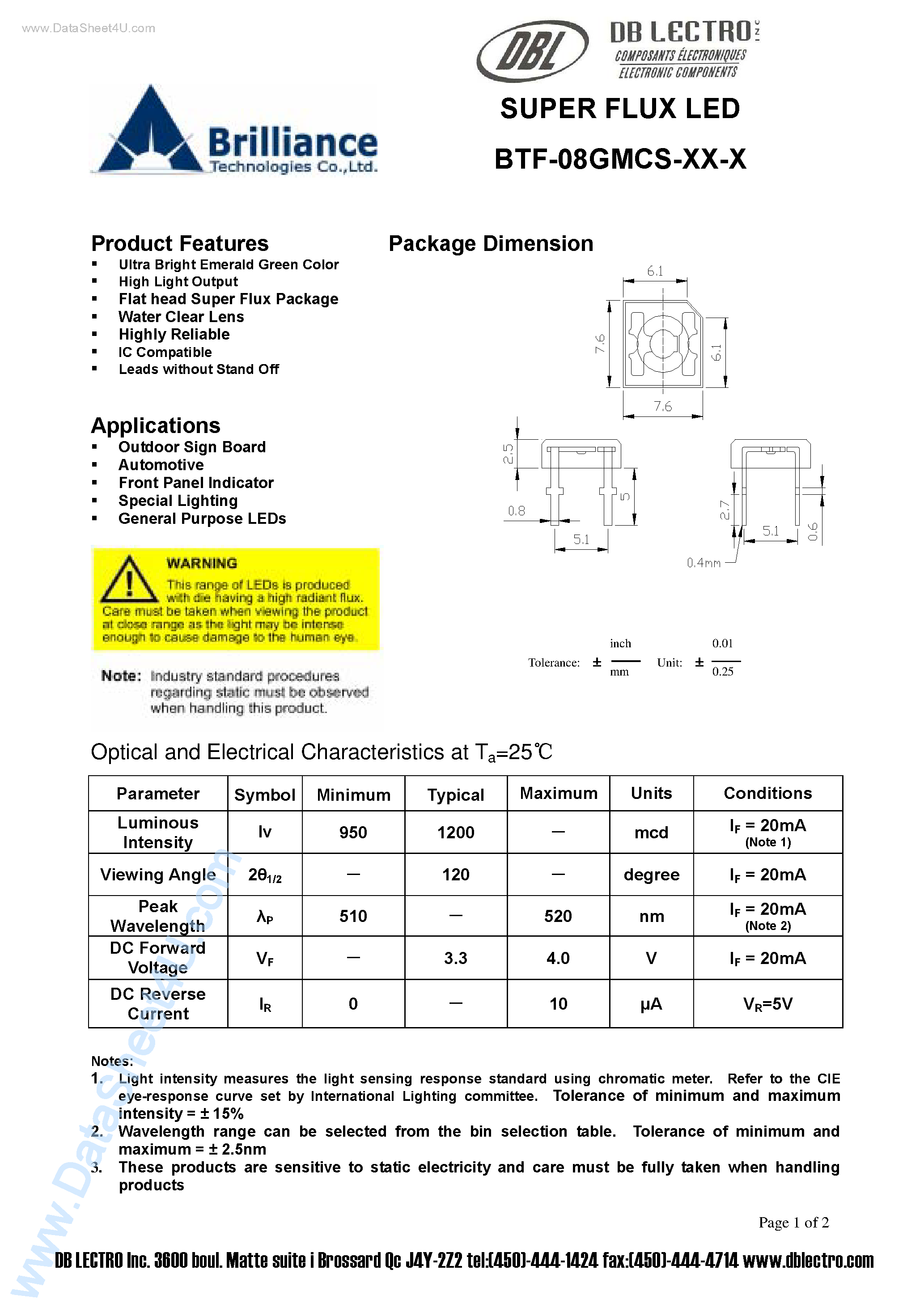 Datasheet BTF-08GMCS-xx-x page 1 Datasheet BTF-08GMCS-xx-x - SUPER FLUX LED page 1