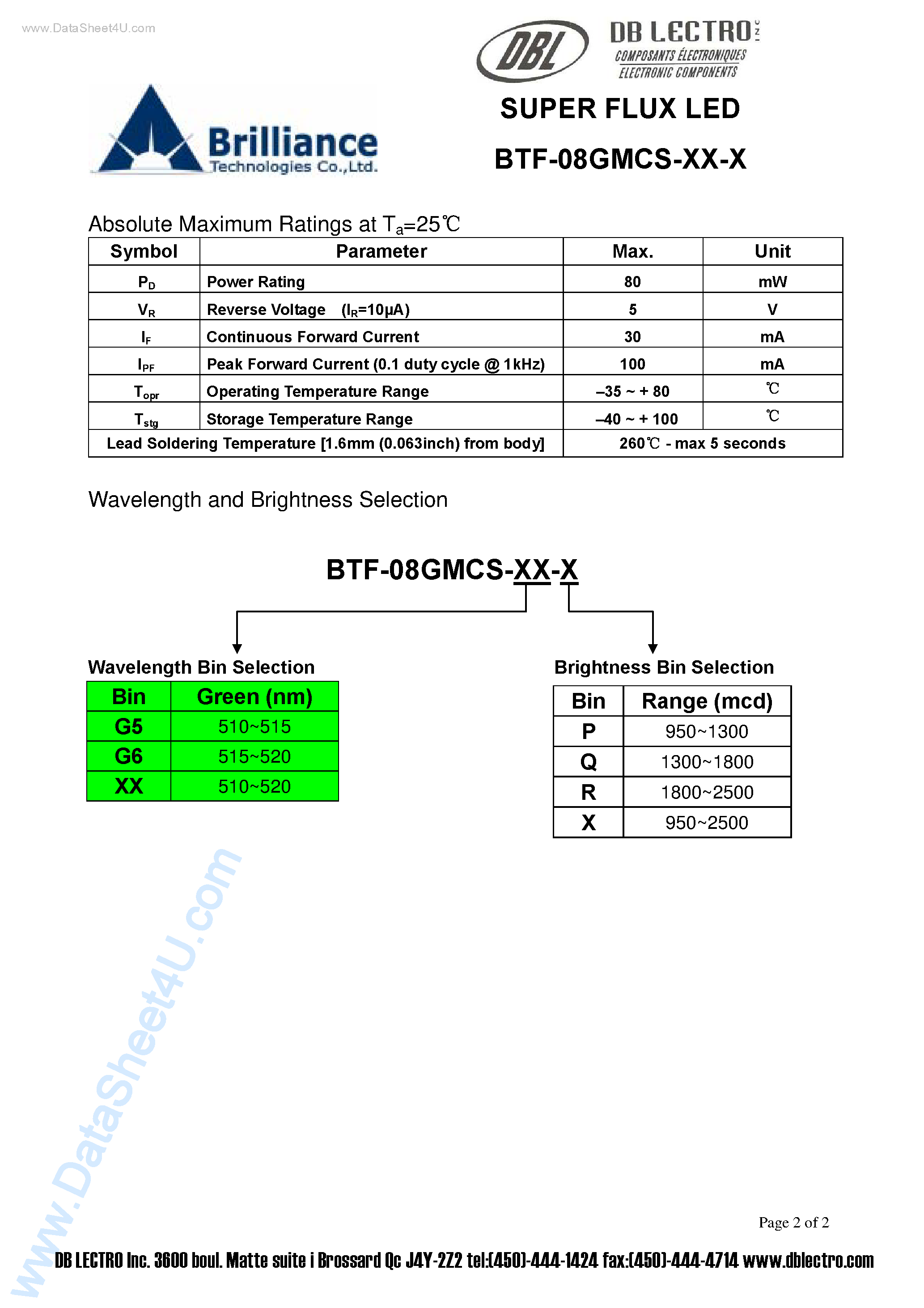 Datasheet BTF-08GMCS-xx-x page 2 Datasheet BTF-08GMCS-xx-x - SUPER FLUX LED page 2