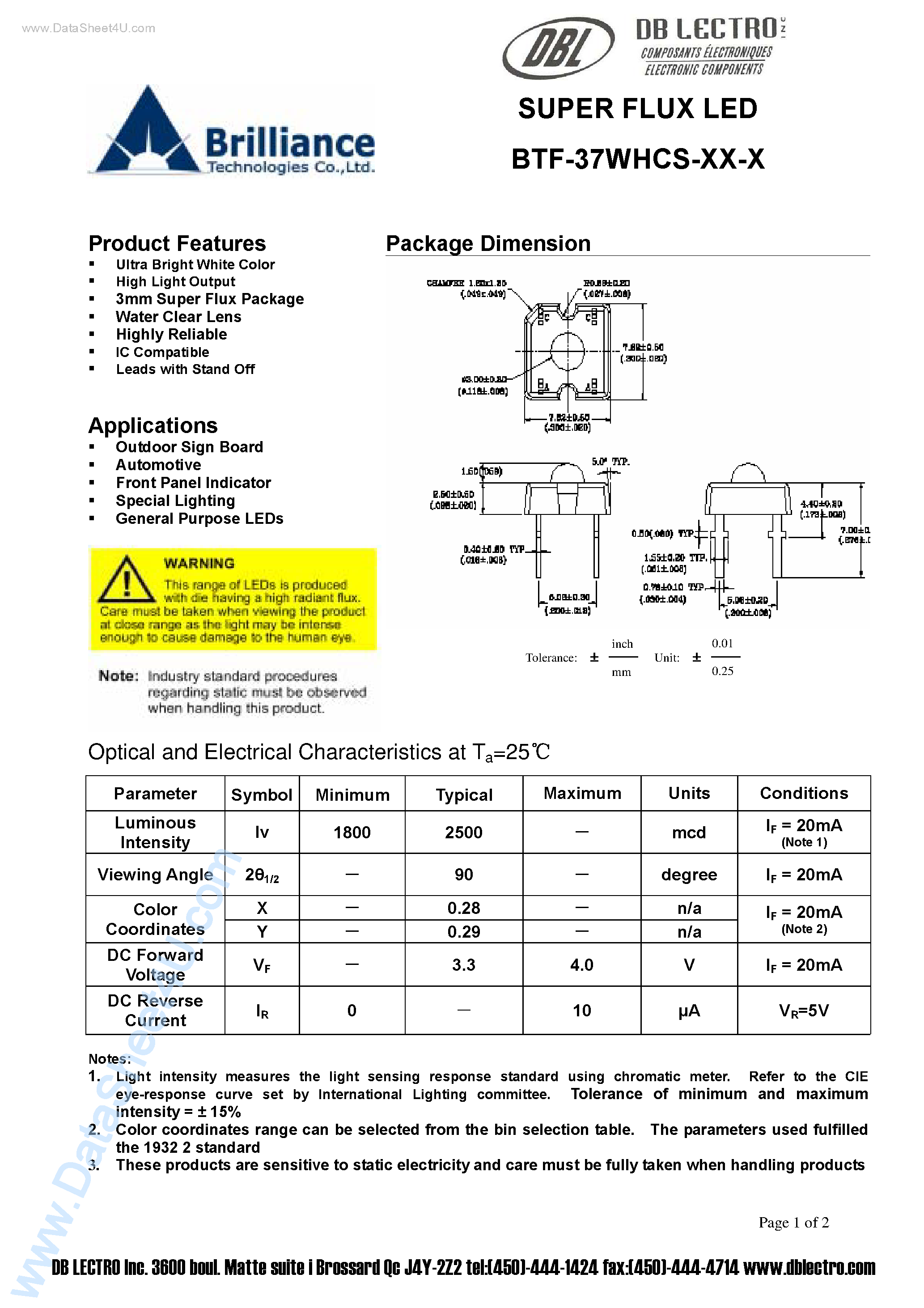 Даташит на микросхему BTF-37WHCS-xx-x страница 1 Даташит BTF-37WHCS-xx-x - SUPER FLUX LED страница 1