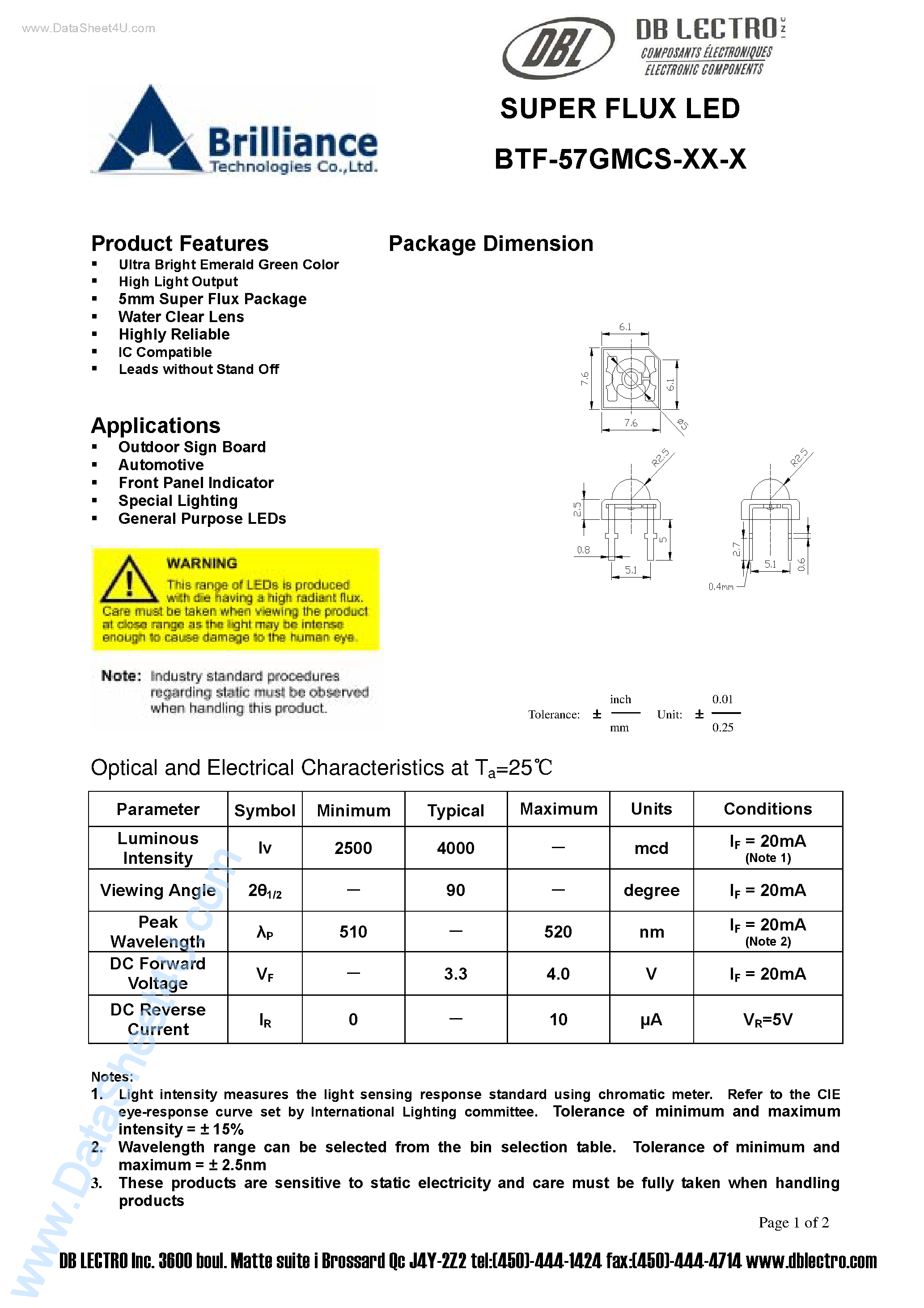 Datasheet BTF-57GMCS-xx-x - SUPER FLUX LED page 1