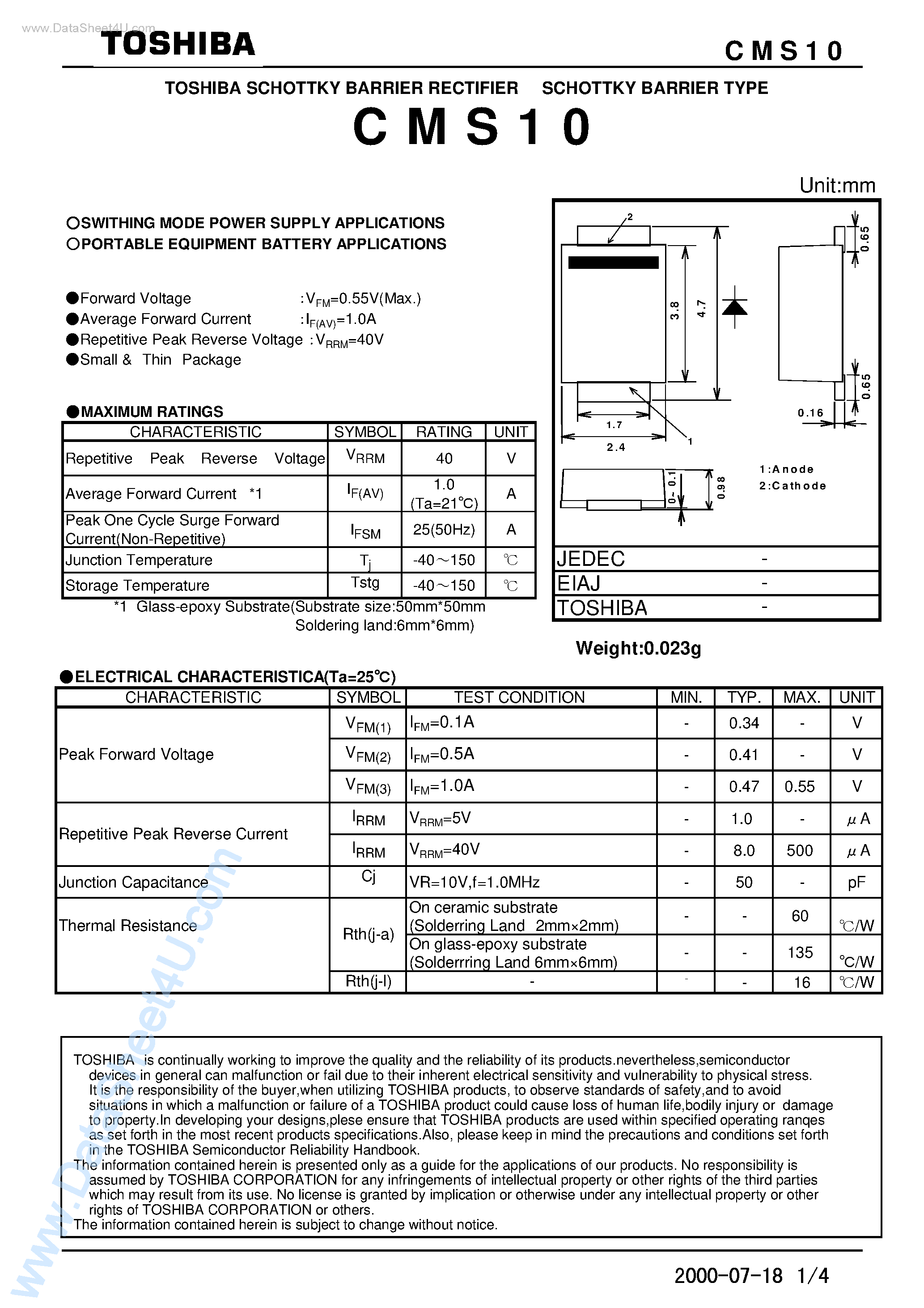 Datasheet CMS10 page 1 Datasheet CMS10 - TOSHIBA SCHOTTKY BARRIER RECTIFIER SCHOTTKY BARRIER TYPE page 1