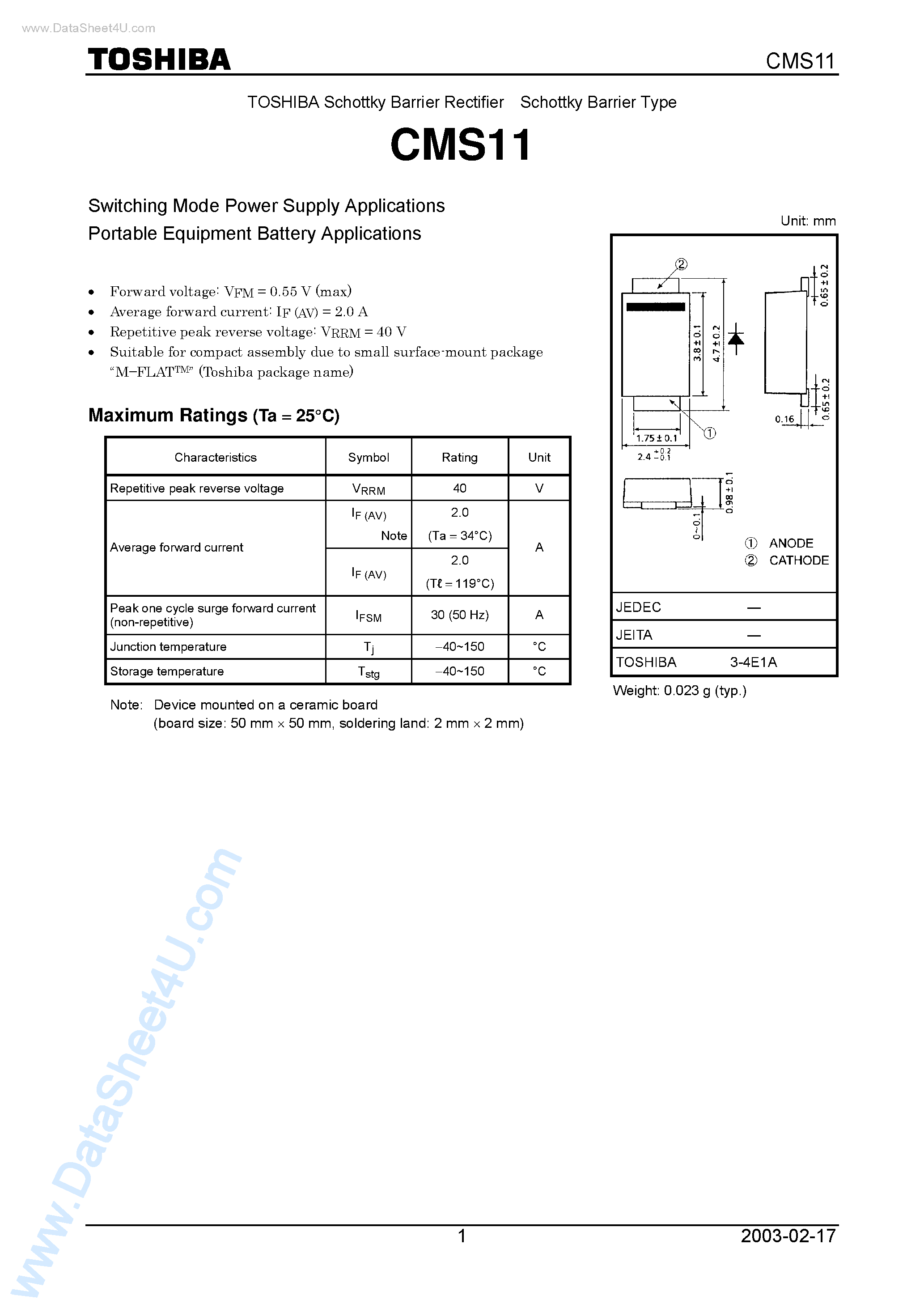 Datasheet CMS11 page 1 Datasheet CMS11 - TOSHIBA Schottky Barrier Rectifier Schottky Barrier Type page 1
