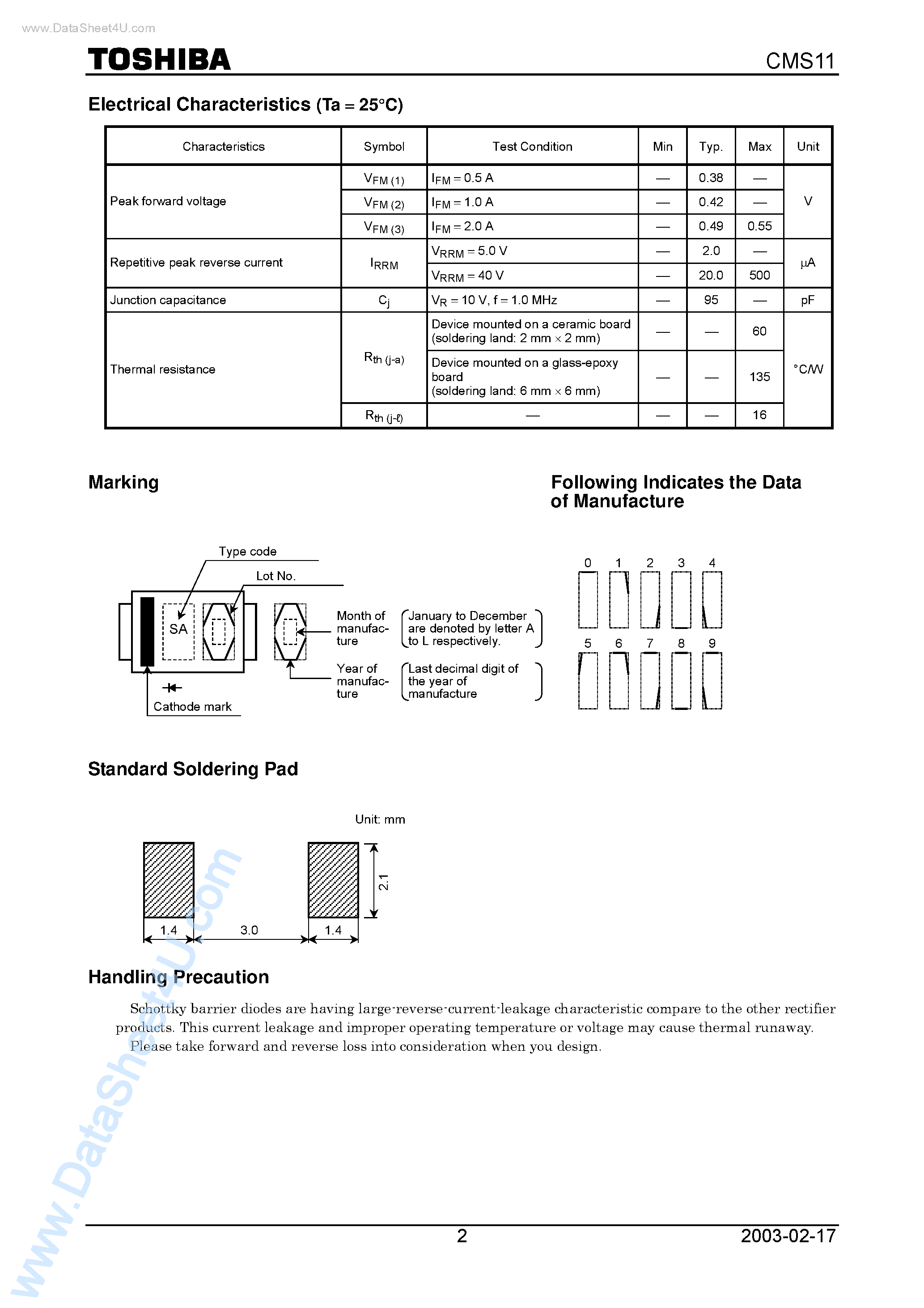 Datasheet CMS11 page 2 Datasheet CMS11 - TOSHIBA Schottky Barrier Rectifier Schottky Barrier Type page 2
