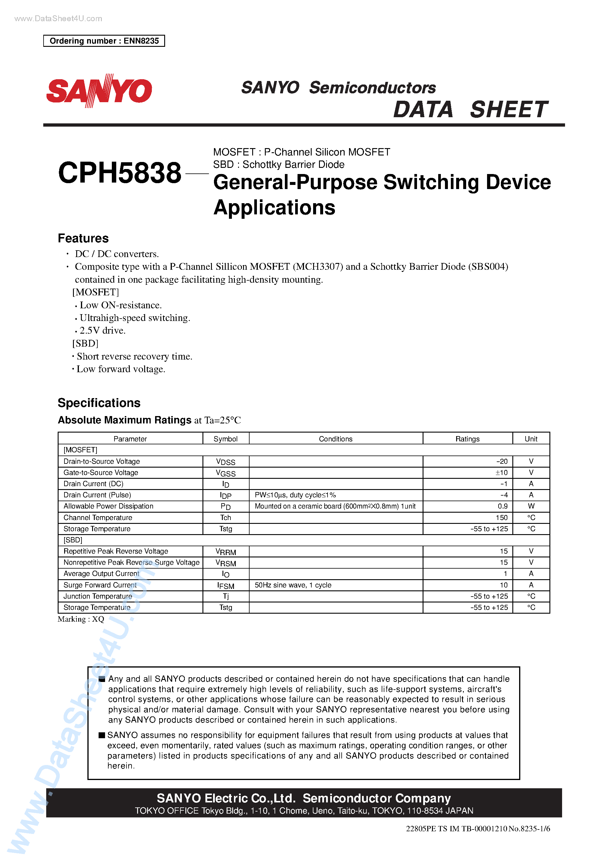 Даташит на микросхему CPH5838 страница 1 Даташит CPH5838 - General-Purpose Switching Device Applications страница 1