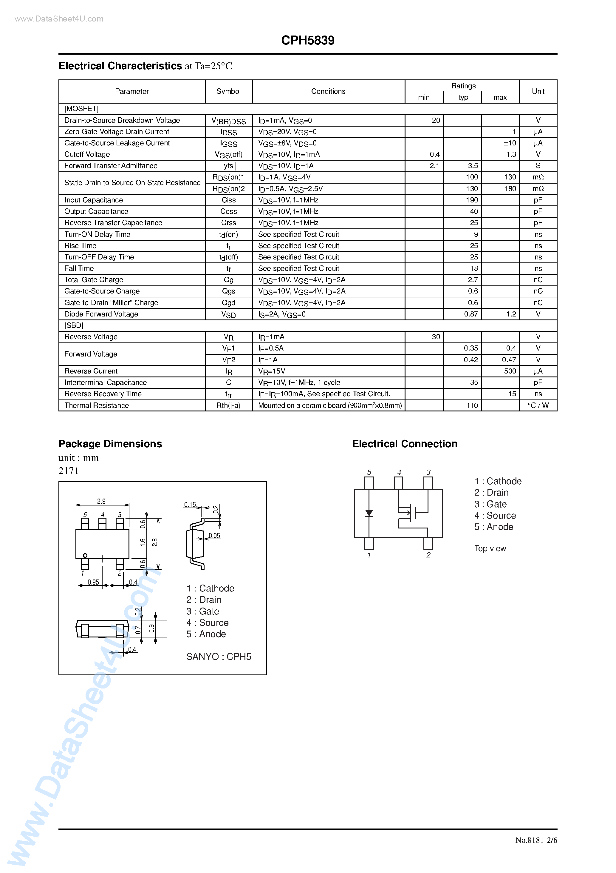 Даташит на микросхему CPH5839 страница 2 Даташит CPH5839 - General-Purpose Switching Device Applications страница 2