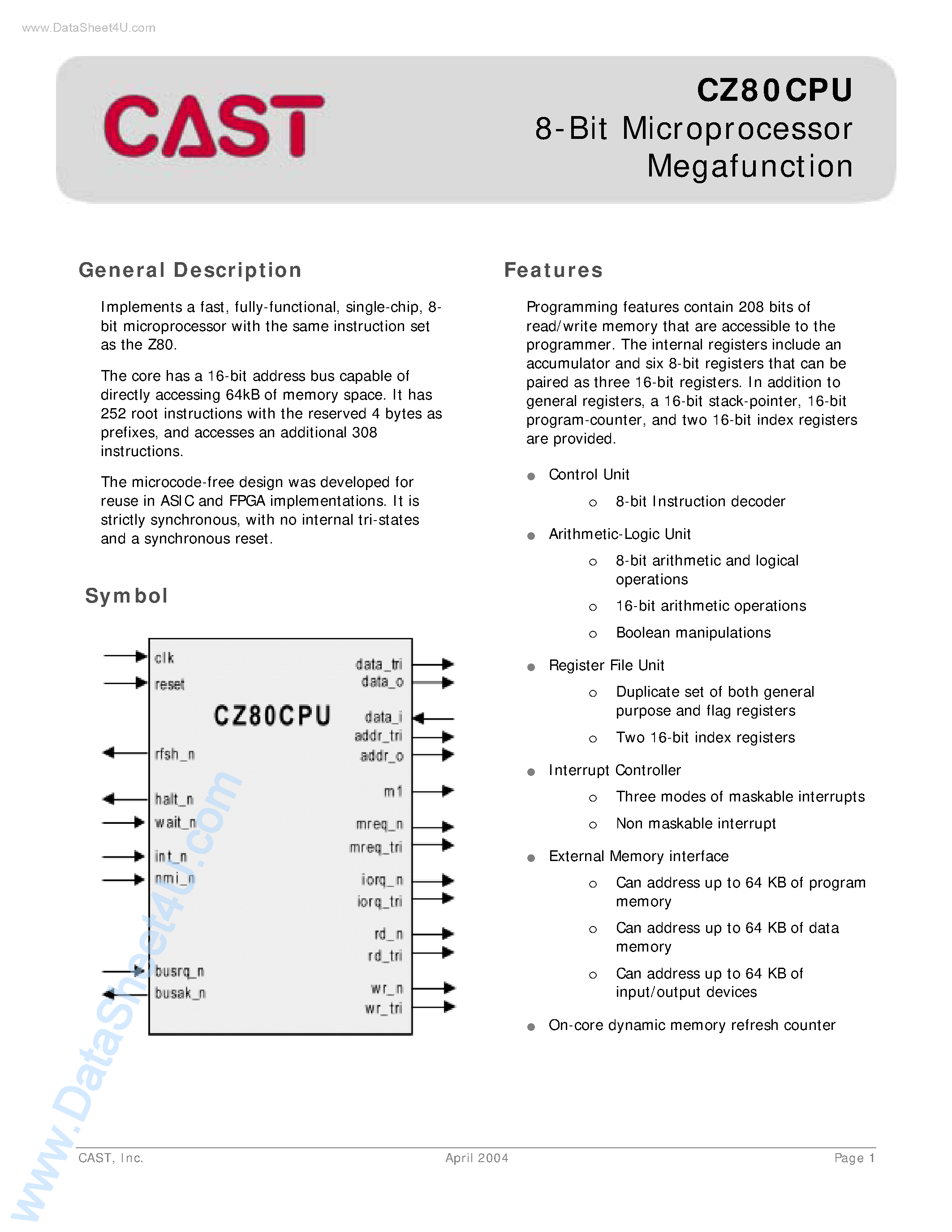 Datasheet CZ80CPU page 1 Datasheet CZ80CPU - 8-Bit Microprocessor Megafunction page 1