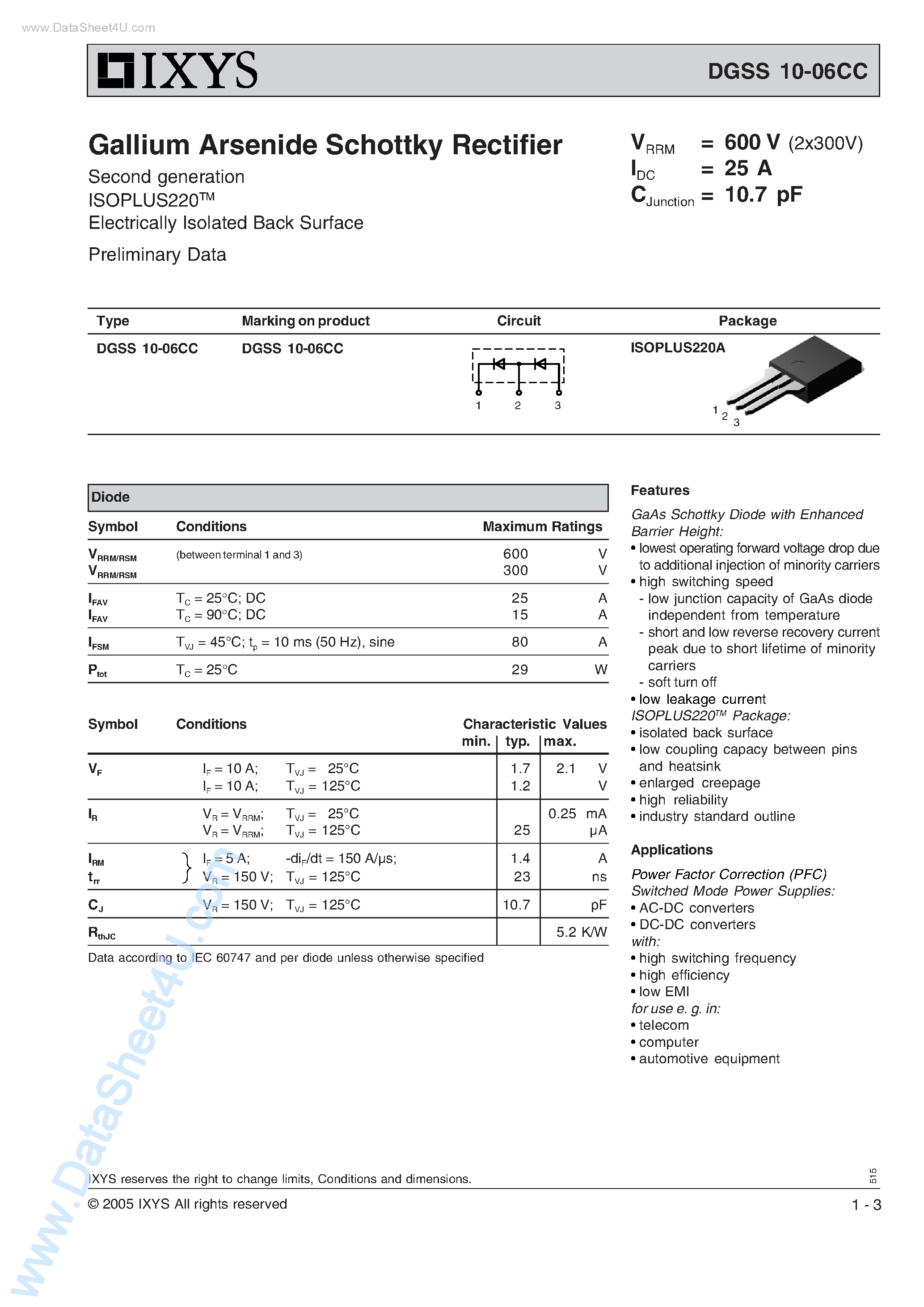 Datasheet DGSS10-06CC page 1 Datasheet DGSS10-06CC - Gallium Arsenide Schottky Rectifier page 1