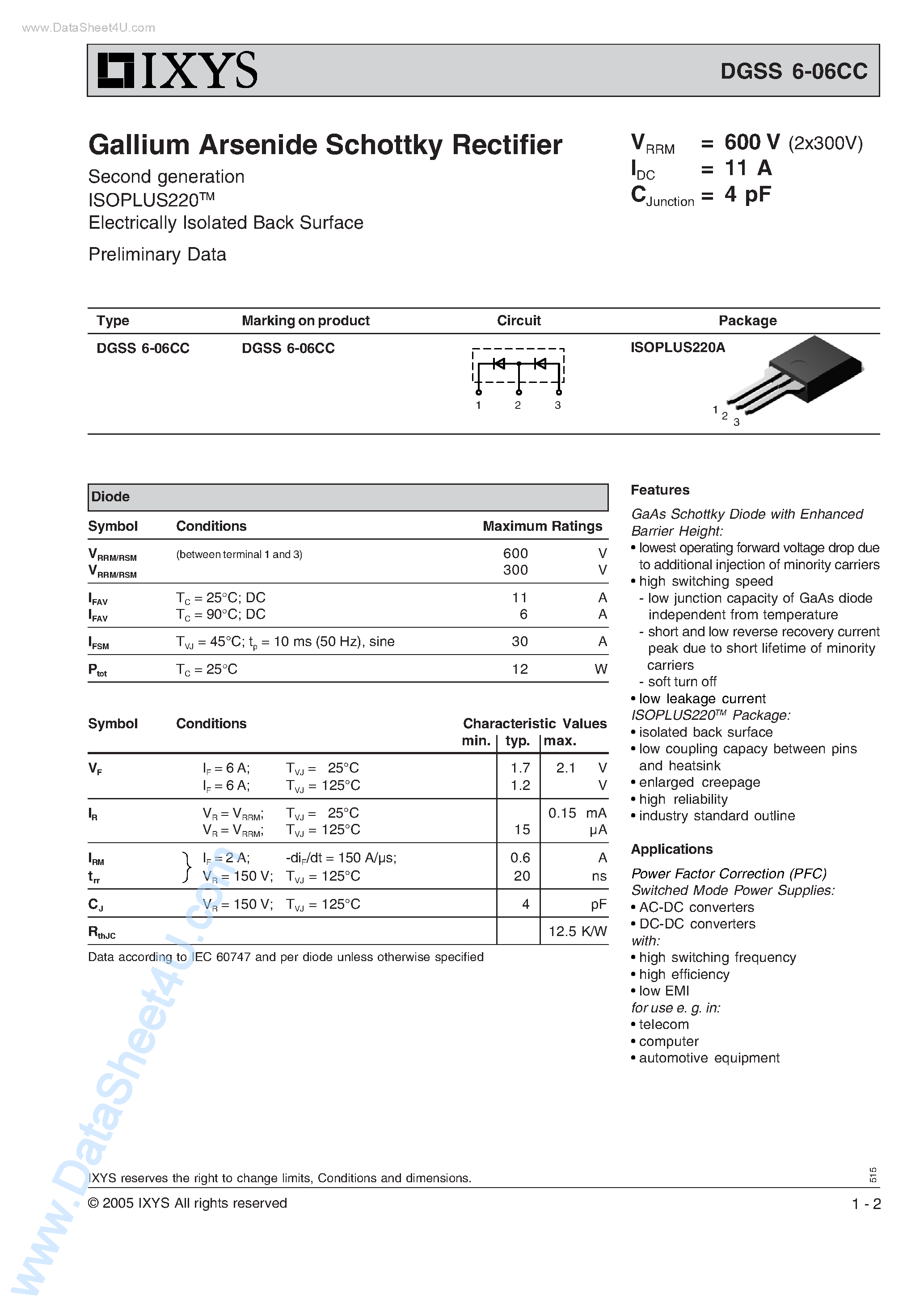 Datasheet DGSS6-06CC page 1 Datasheet DGSS6-06CC - Gallium Arsenide Schottky Rectifier page 1