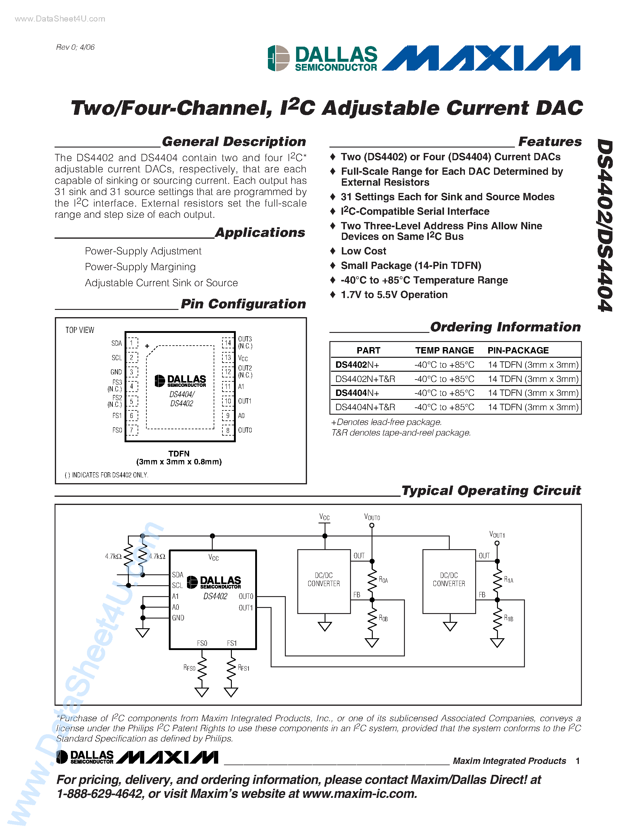 Datasheet DS4404 - (DS4402 / DS4404) I2C Adjustable Current DAC page 1