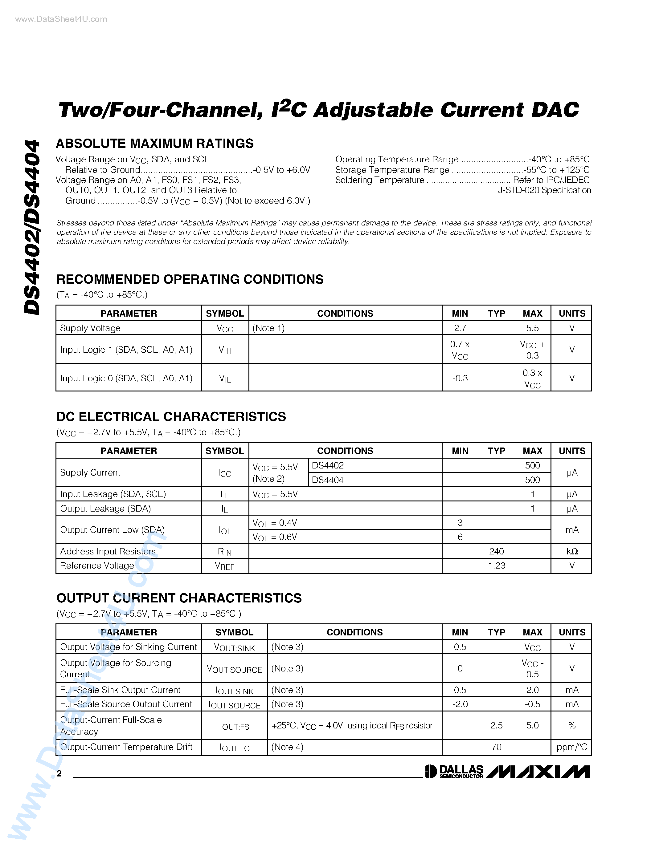 Datasheet DS4404 - (DS4402 / DS4404) I2C Adjustable Current DAC page 2